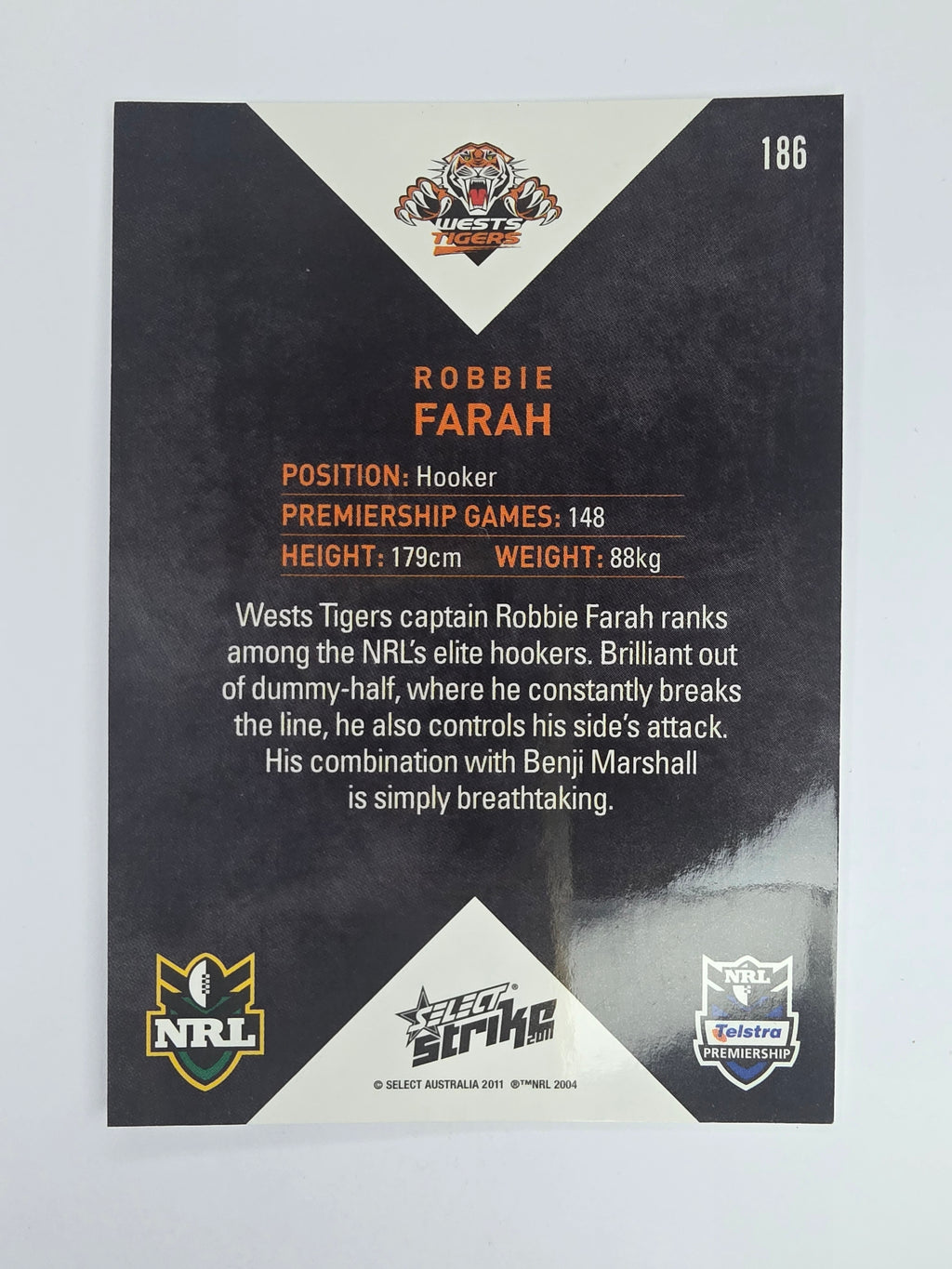 NRL 2011 Strike Base Card #186 Robbie Farah Wests Tigers
