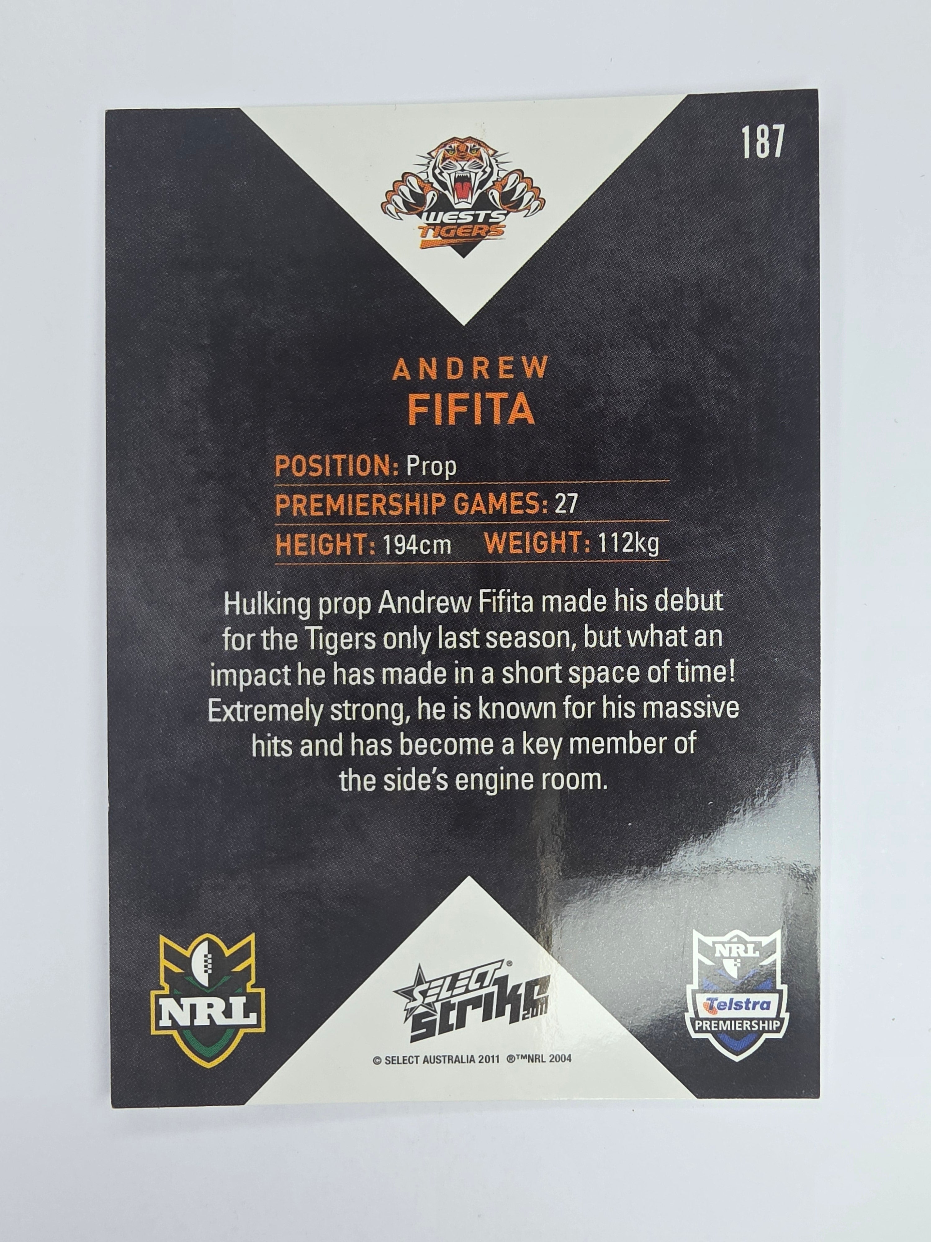 NRL 2011 Strike Base Card #187 Andrew Fifita Wests Tigers