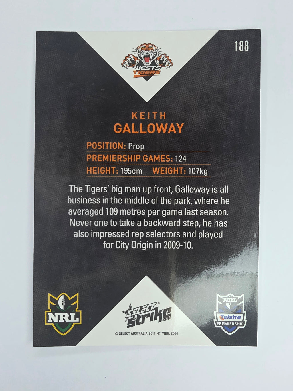 NRL 2011 Strike Base Card #188 Keith Galloway Wests Tigers