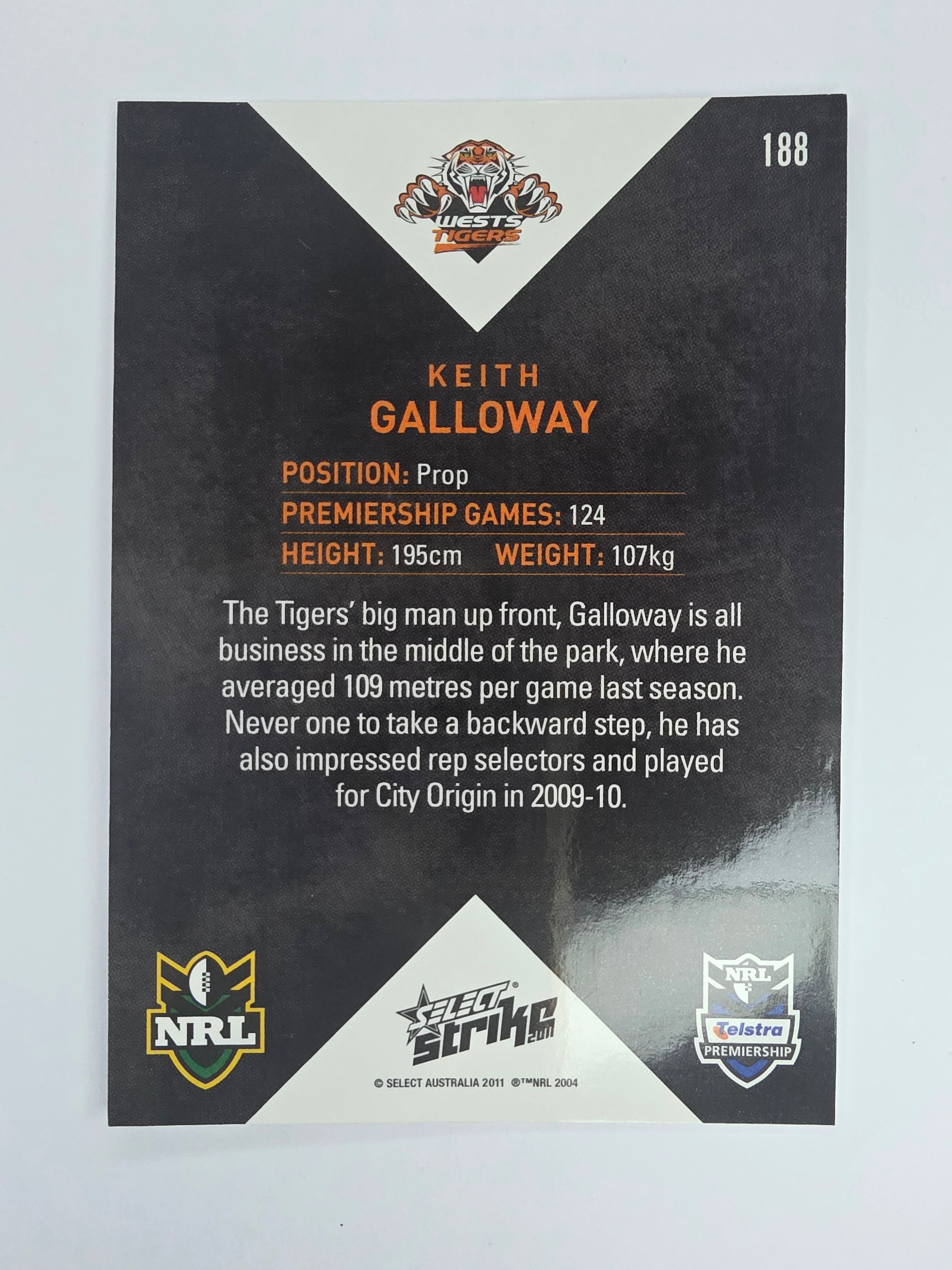 NRL 2011 Strike Base Card #188 Keith Galloway Wests Tigers