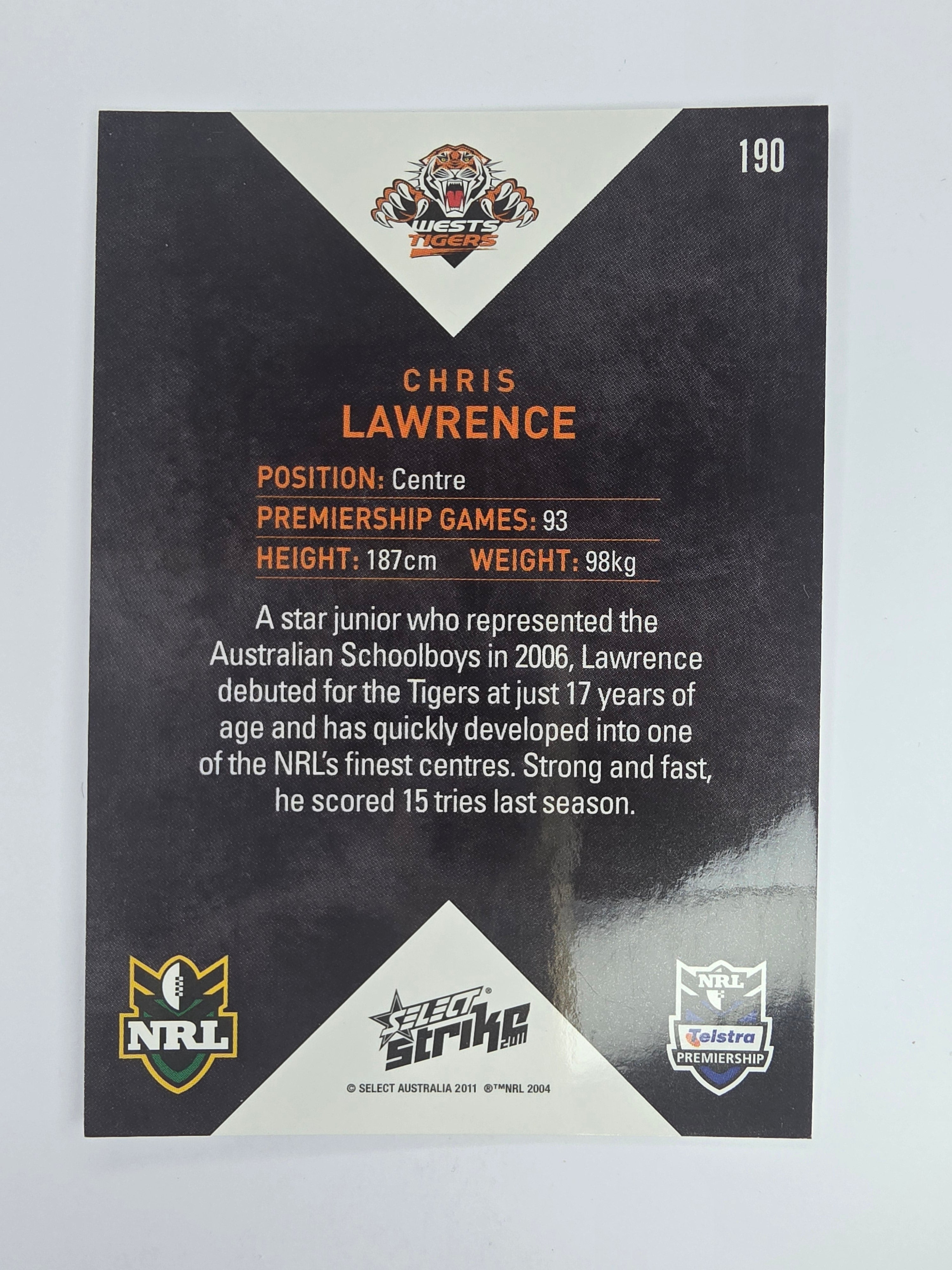 NRL 2011 Strike Base Card #190 Chris Lawrence Wests Tigers