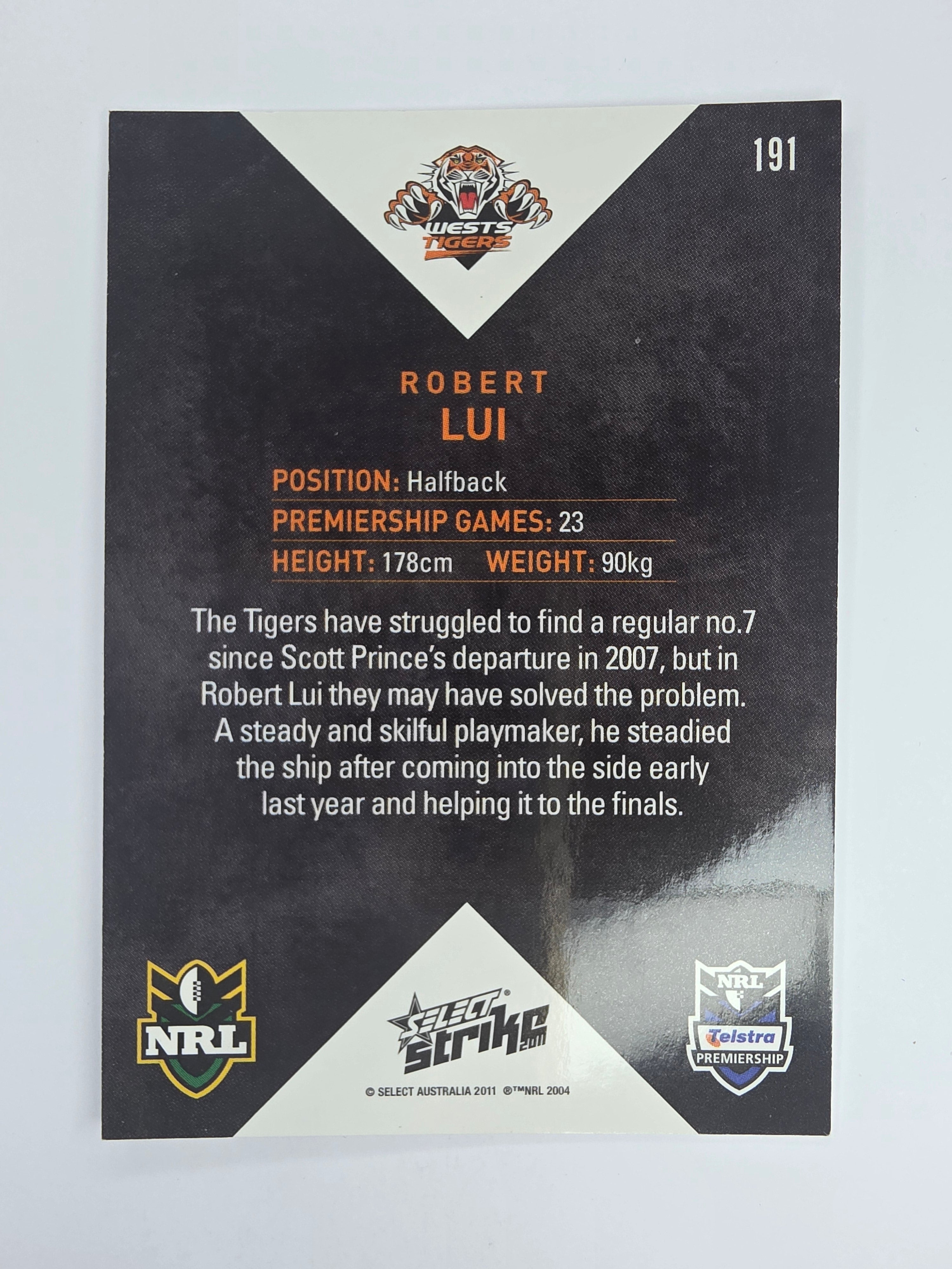NRL 2011 Strike Base Card #191 Robert Lui Wests Tigers