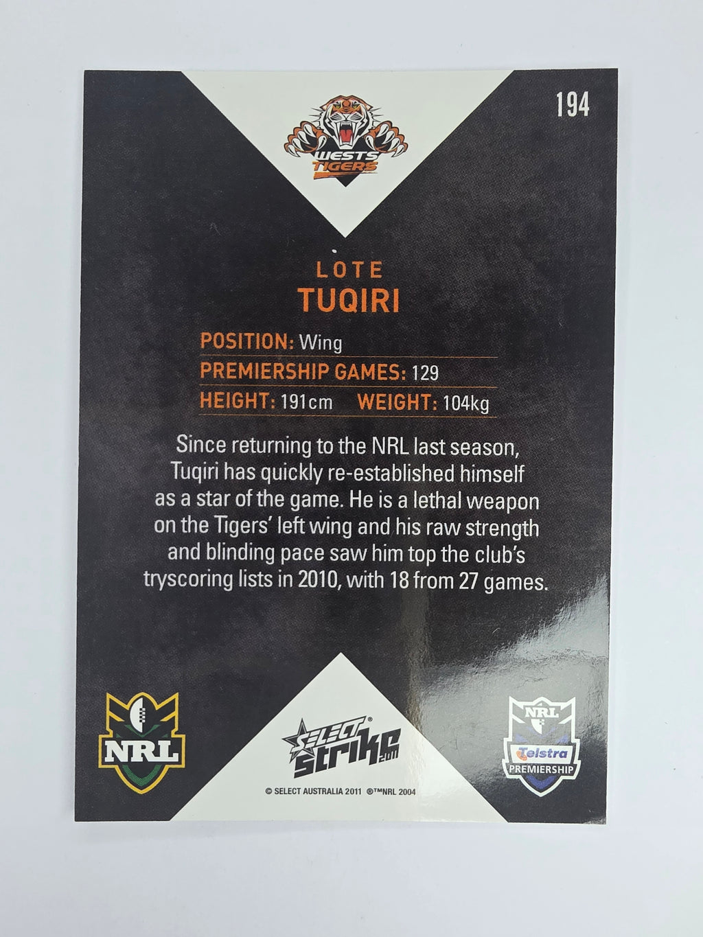 NRL 2011 Strike Base Card #194 Lote Tuqiri Wests Tigers