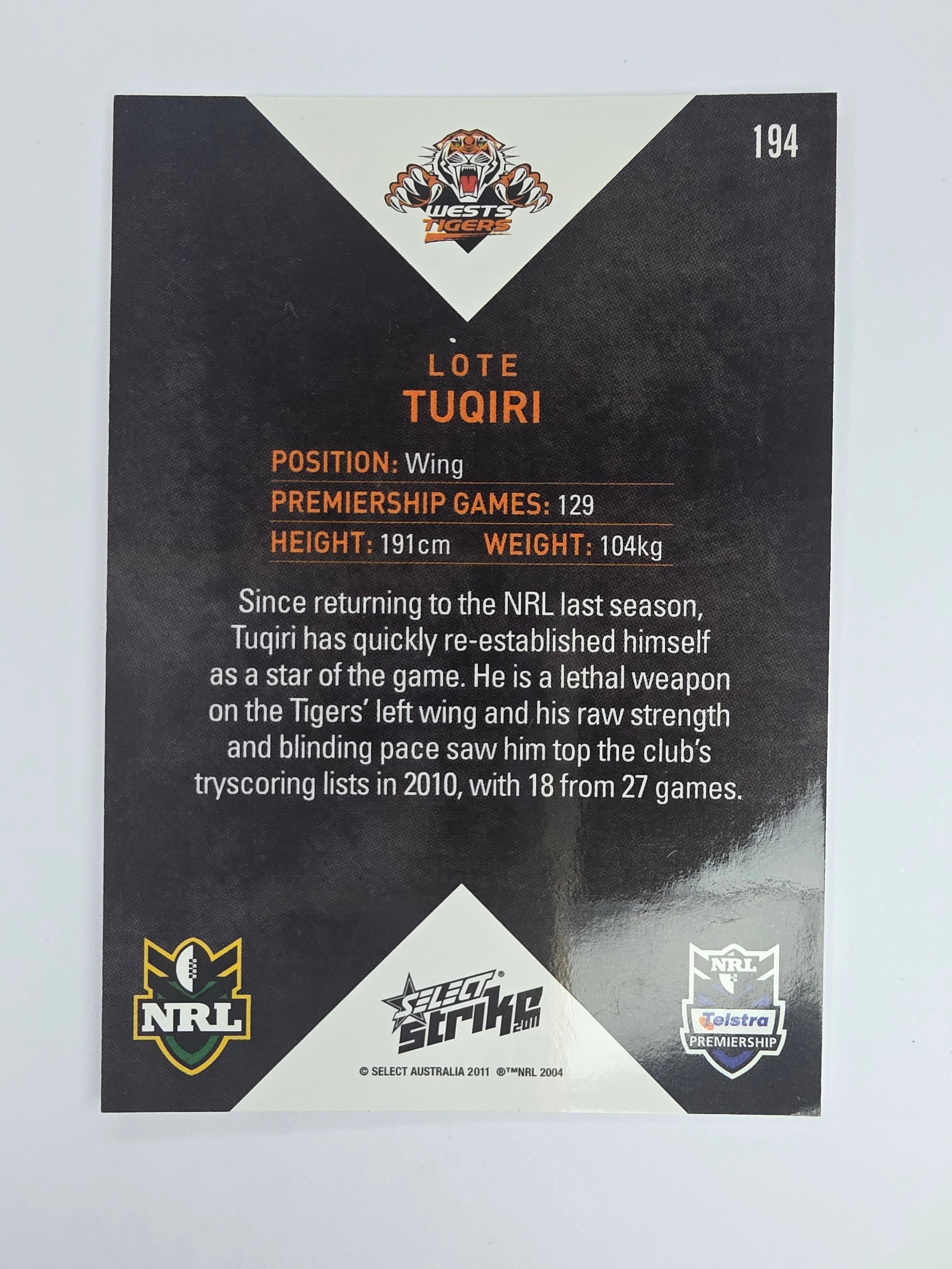 NRL 2011 Strike Base Card #194 Lote Tuqiri Wests Tigers