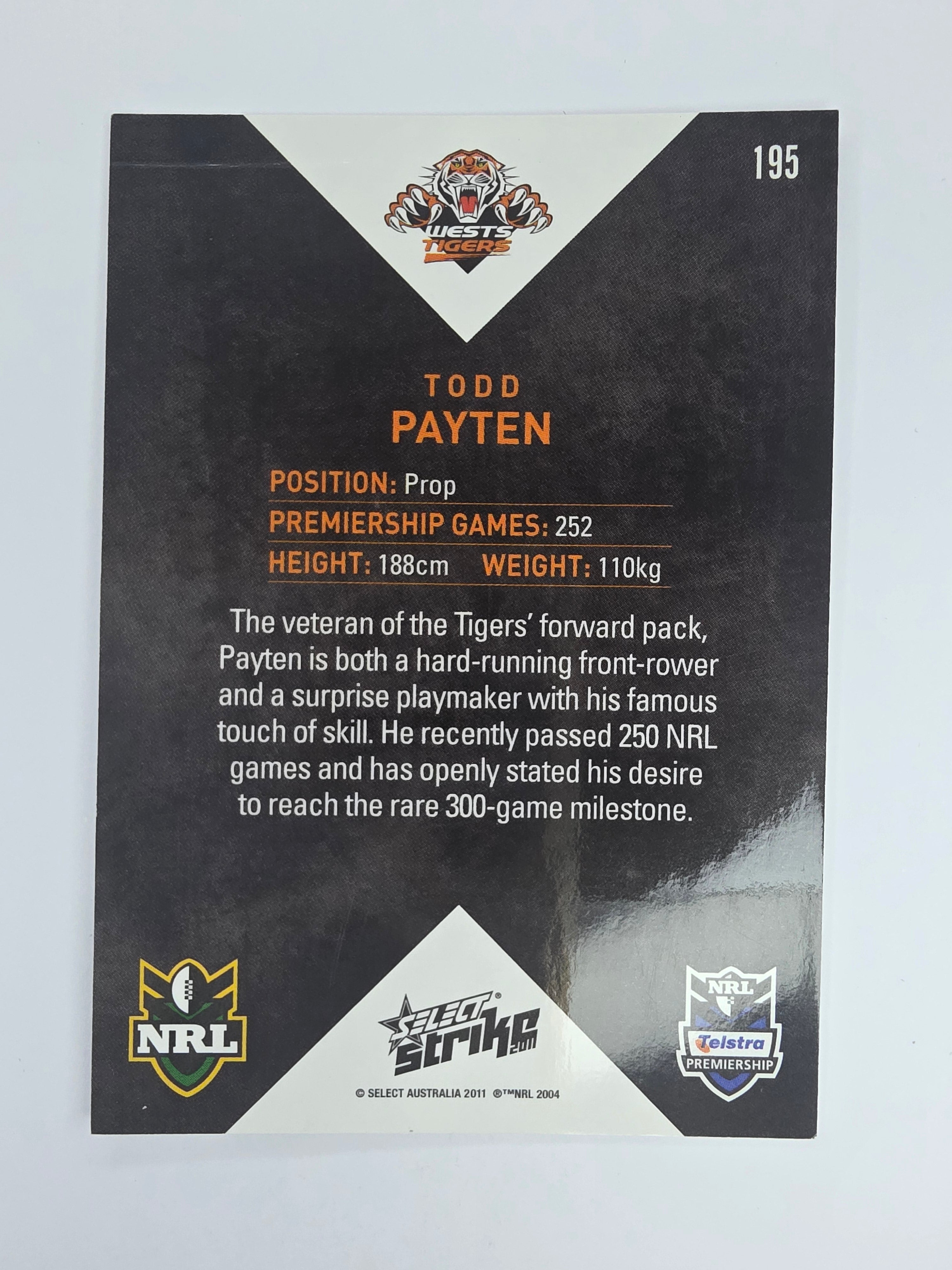 NRL 2011 Strike Base Card #195 Todd Payten Wests Tigers