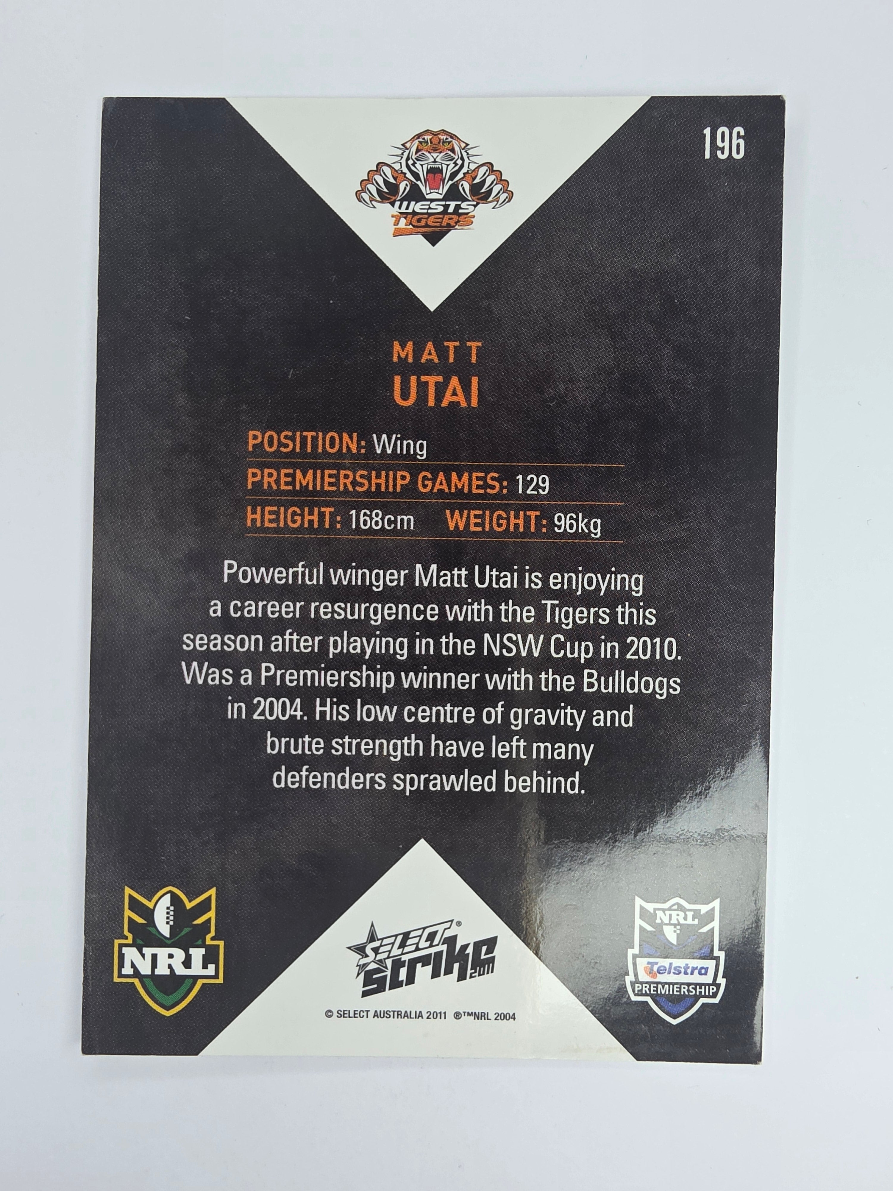 NRL 2011 Strike Base Card #196 Matt Utai Wests Tigers