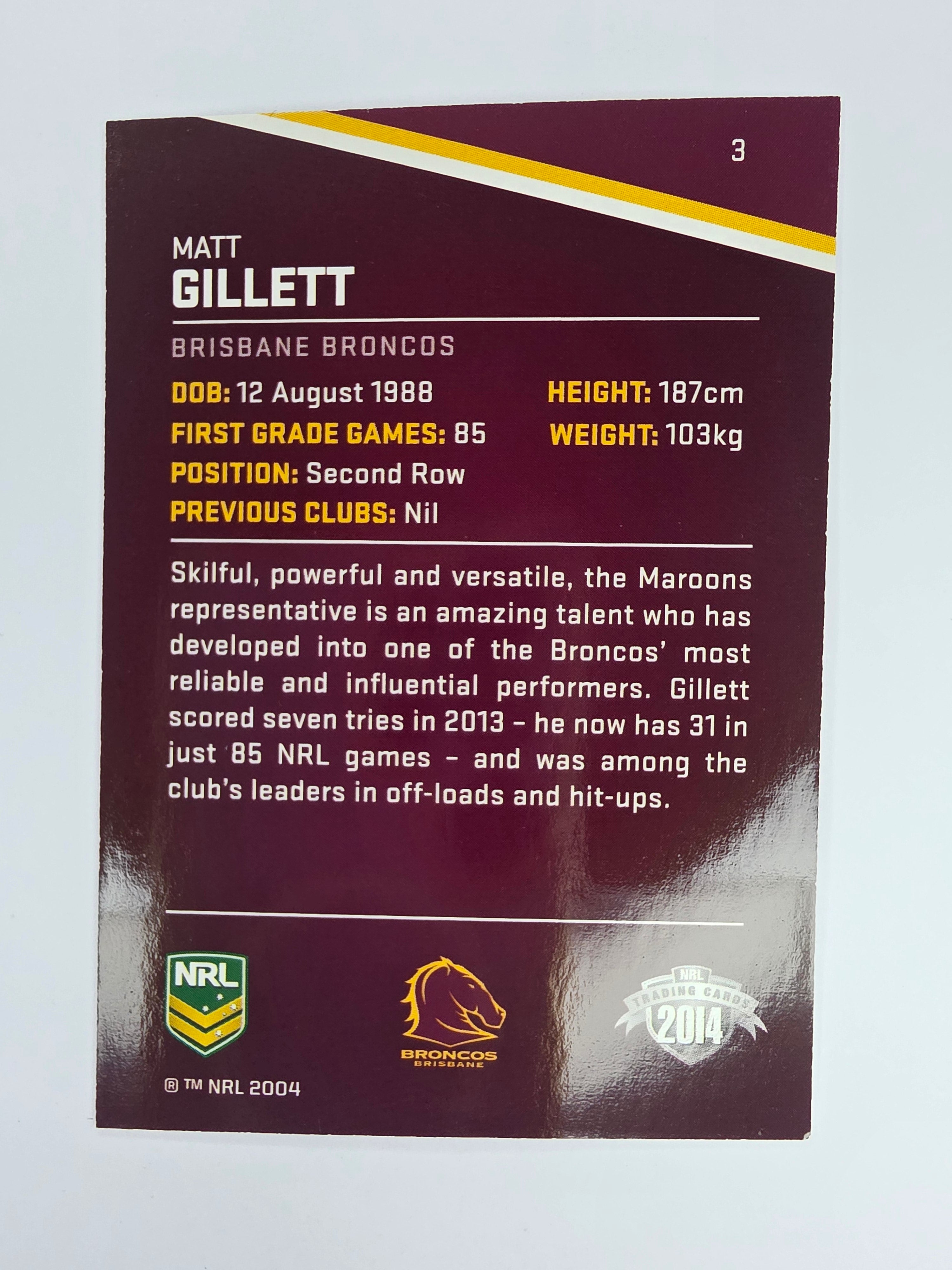 NRL 2014 Traders Base Card #3 Matt Gillett Brisbane Broncos