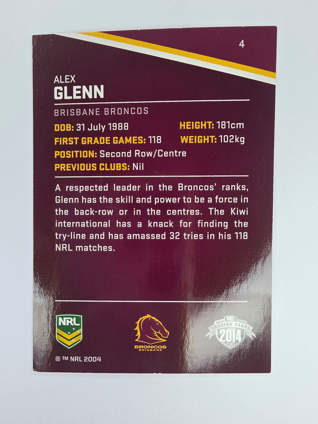 NRL 2014 Traders Base Card #4 Alex Glenn Brisbane Broncos