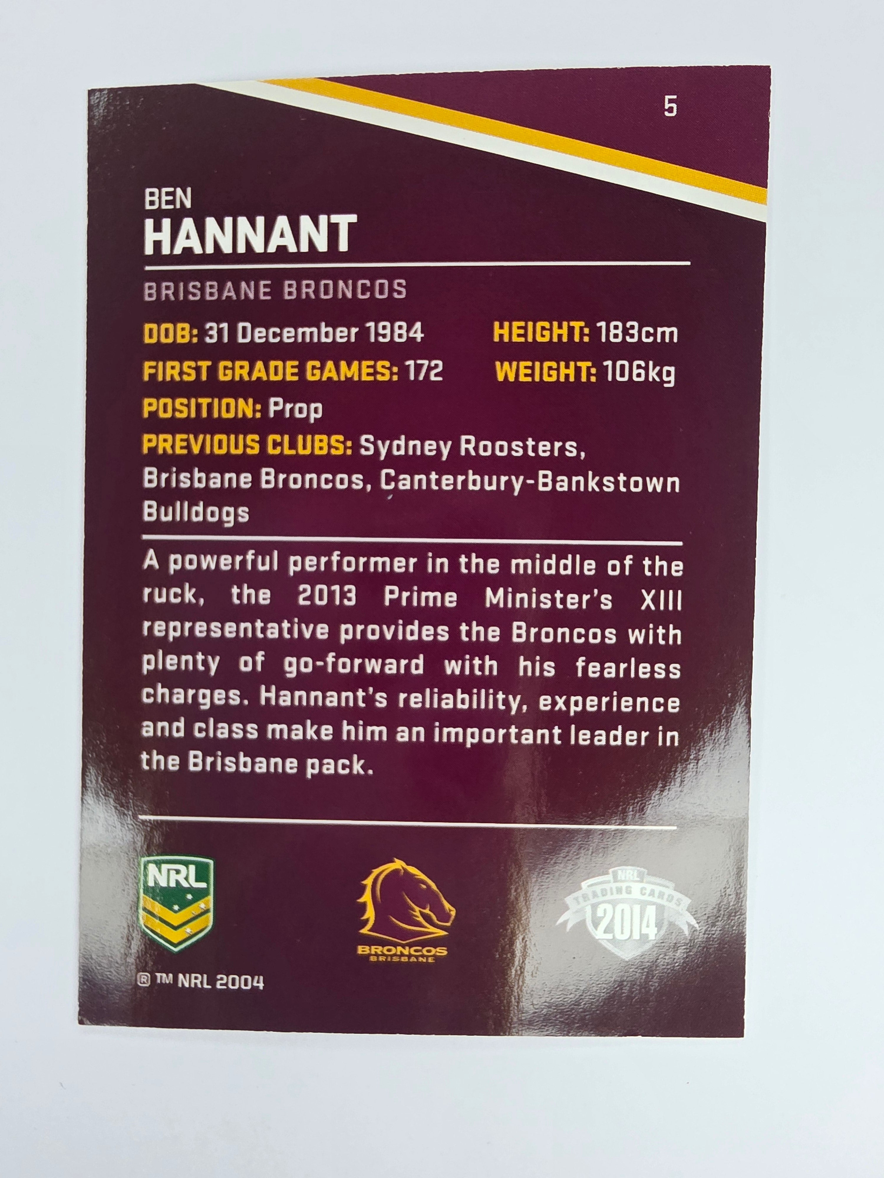 NRL 2014 Traders Base Card #5 Ben Hannant Brisbane Broncos