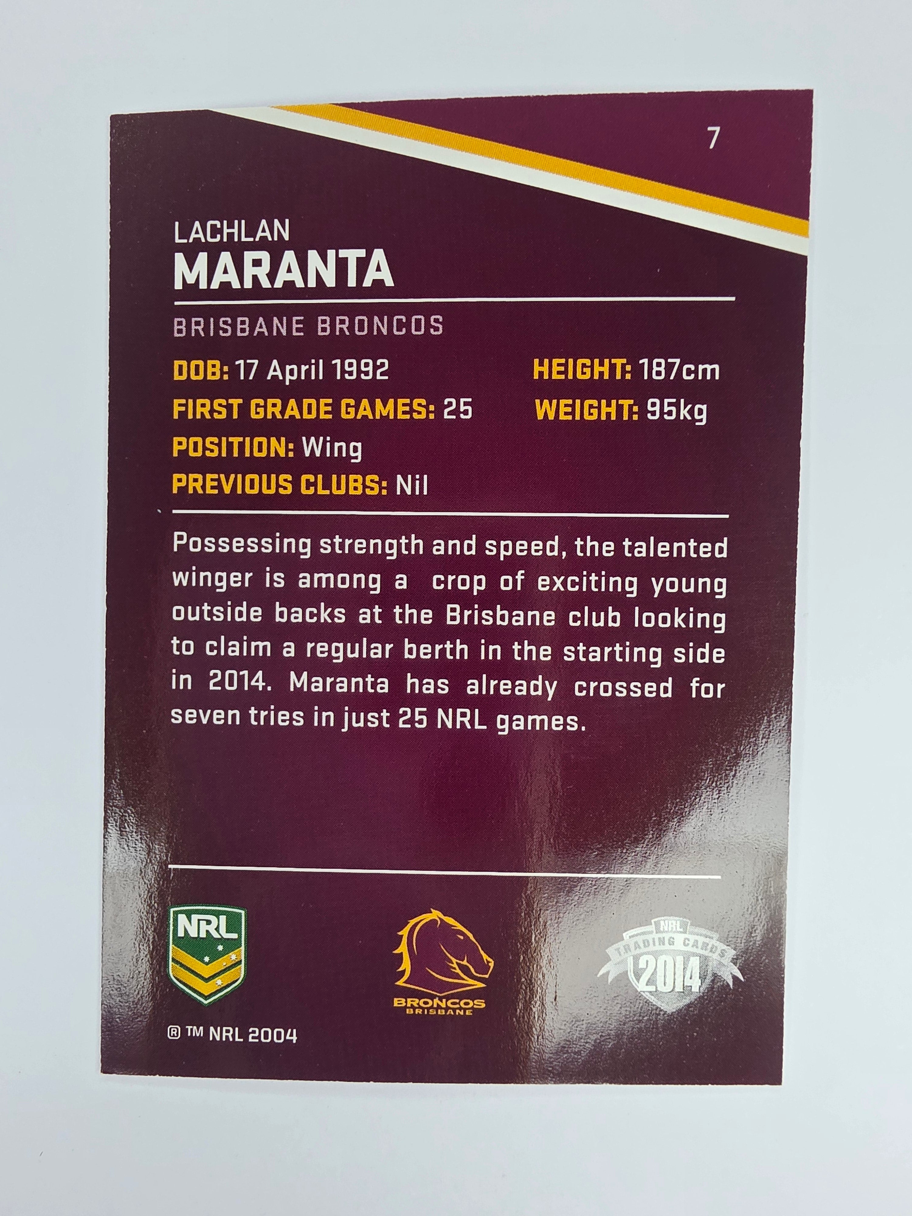NRL 2014 Traders Base Card #7 Lachlan Maranta Brisbane Broncos