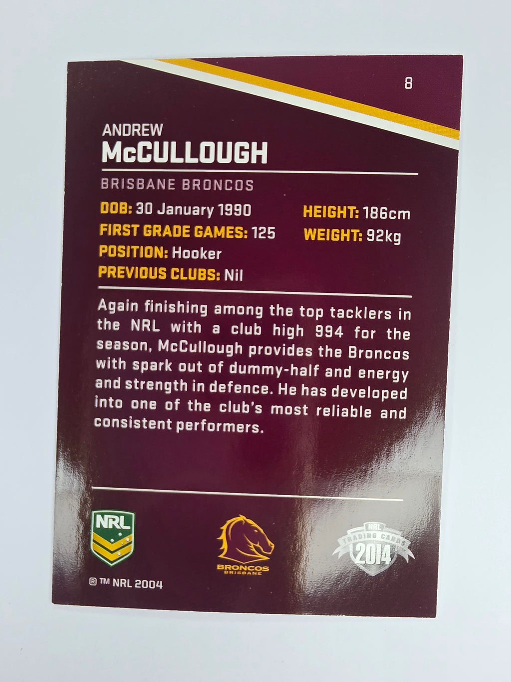 NRL 2014 Traders Base Card #8 Andrew McCullough Brisbane Broncos