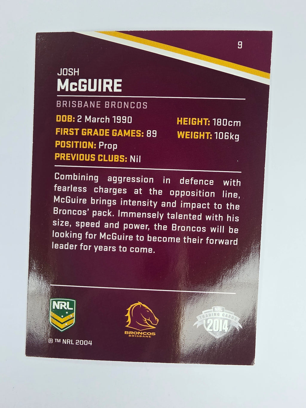 NRL 2014 Traders Base Card #9 Josh McGuire Brisbane Broncos
