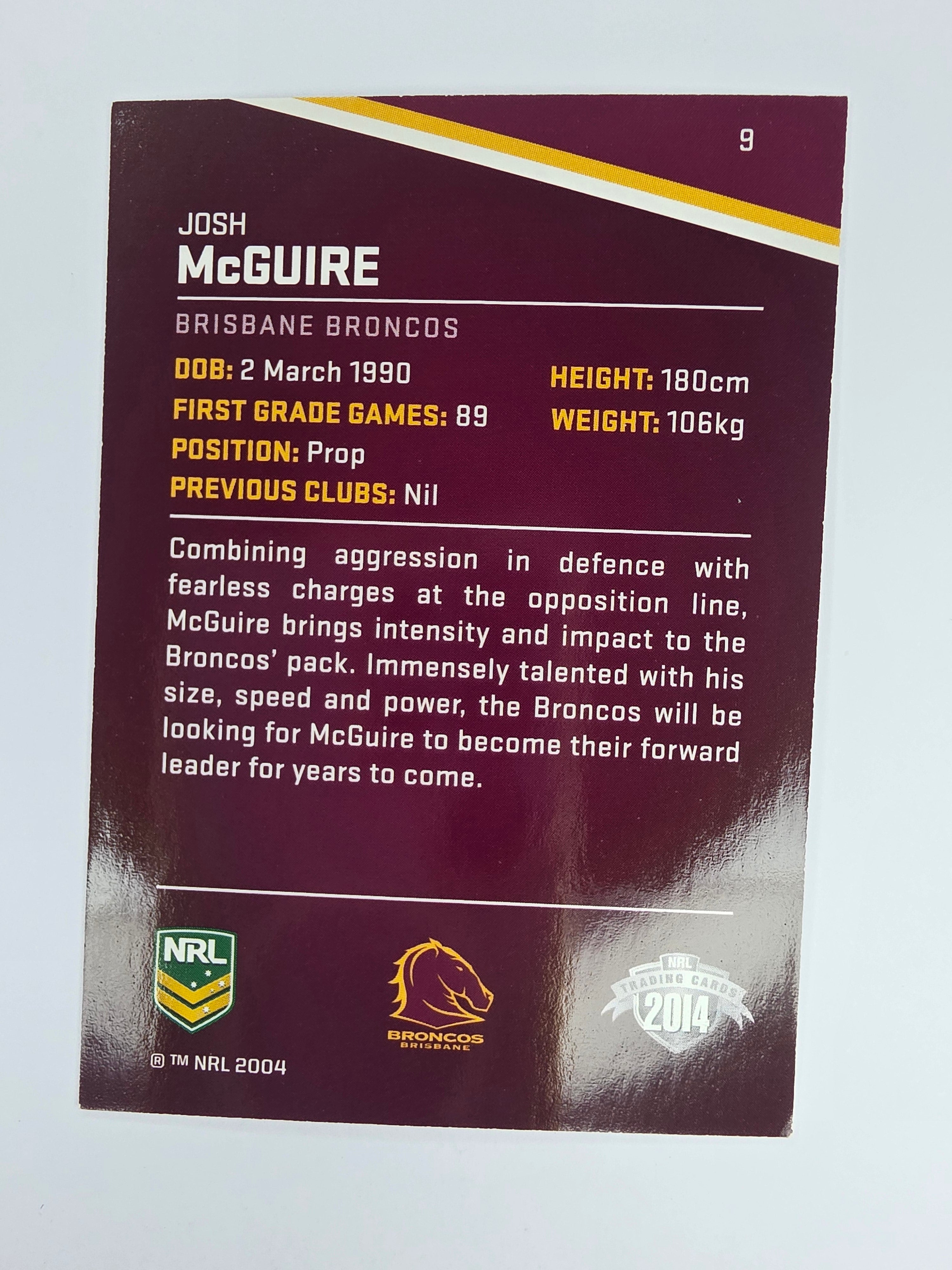 NRL 2014 Traders Base Card #9 Josh McGuire Brisbane Broncos