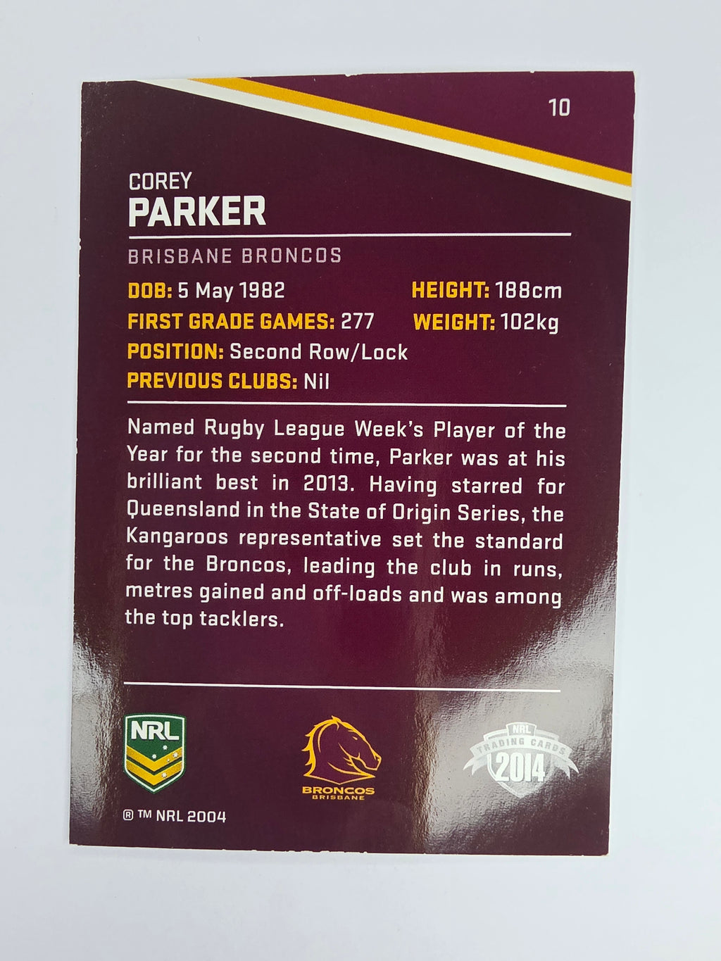 NRL 2014 Traders Base Card #10 Corey Parker Brisbane Broncos