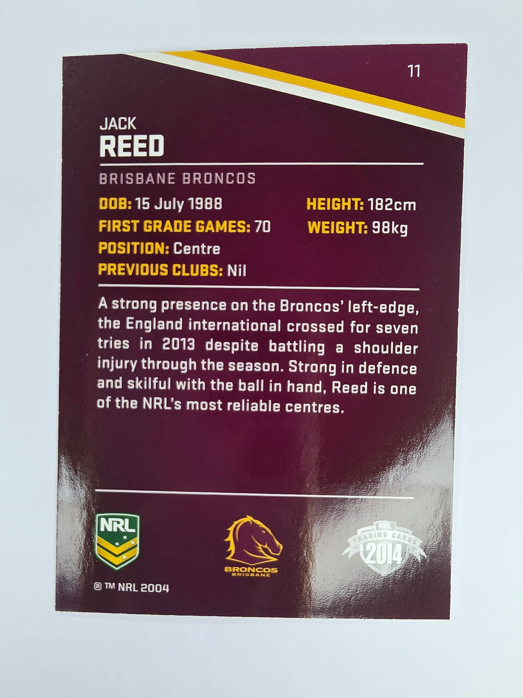 NRL 2014 Traders Base Card #11 Jack Reed Brisbane Broncos
