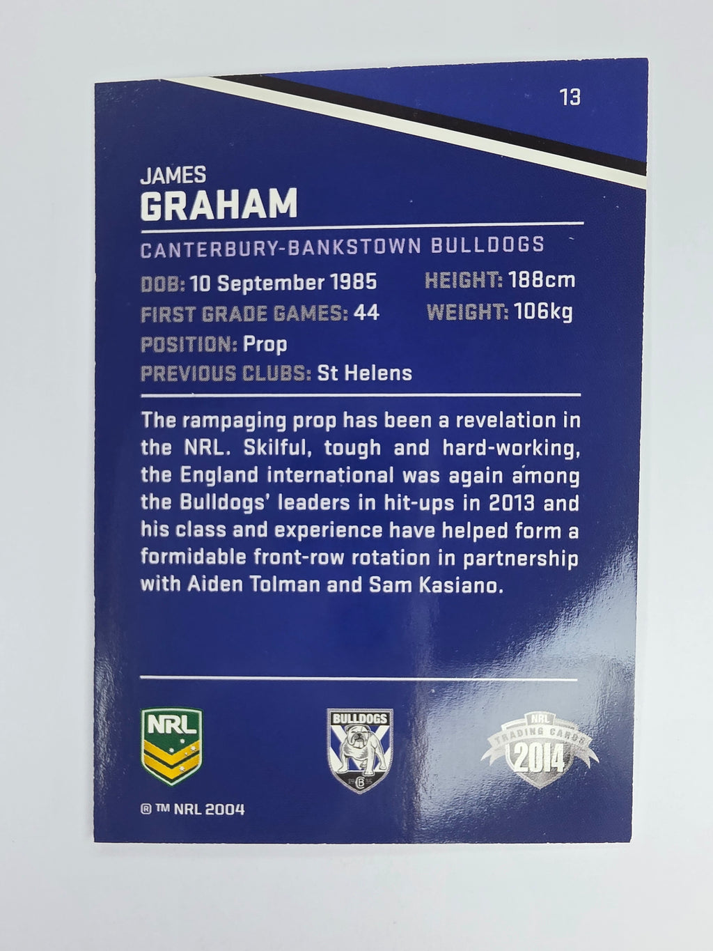 NRL 2014 Traders Base Card #13 James Graham Canterbury Bankstown Bulldogs