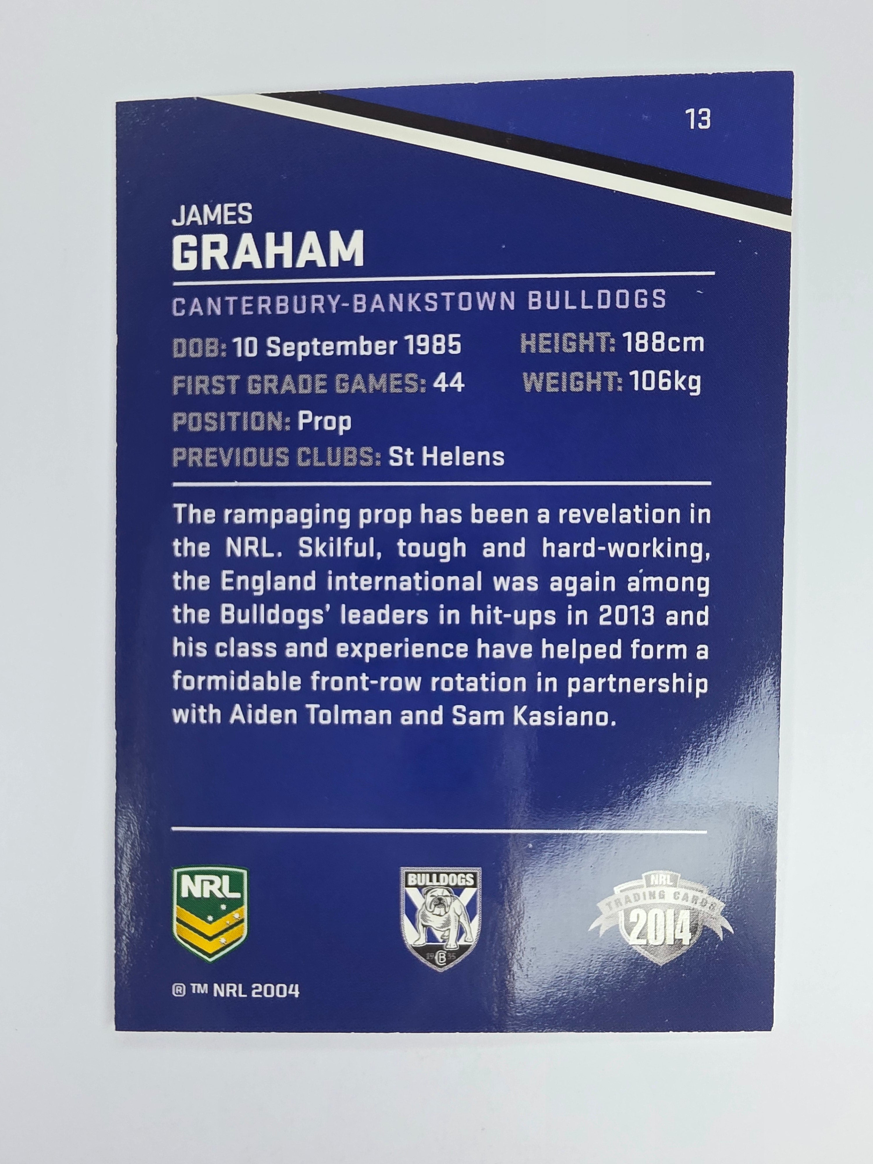 NRL 2014 Traders Base Card #13 James Graham Canterbury Bankstown Bulldogs