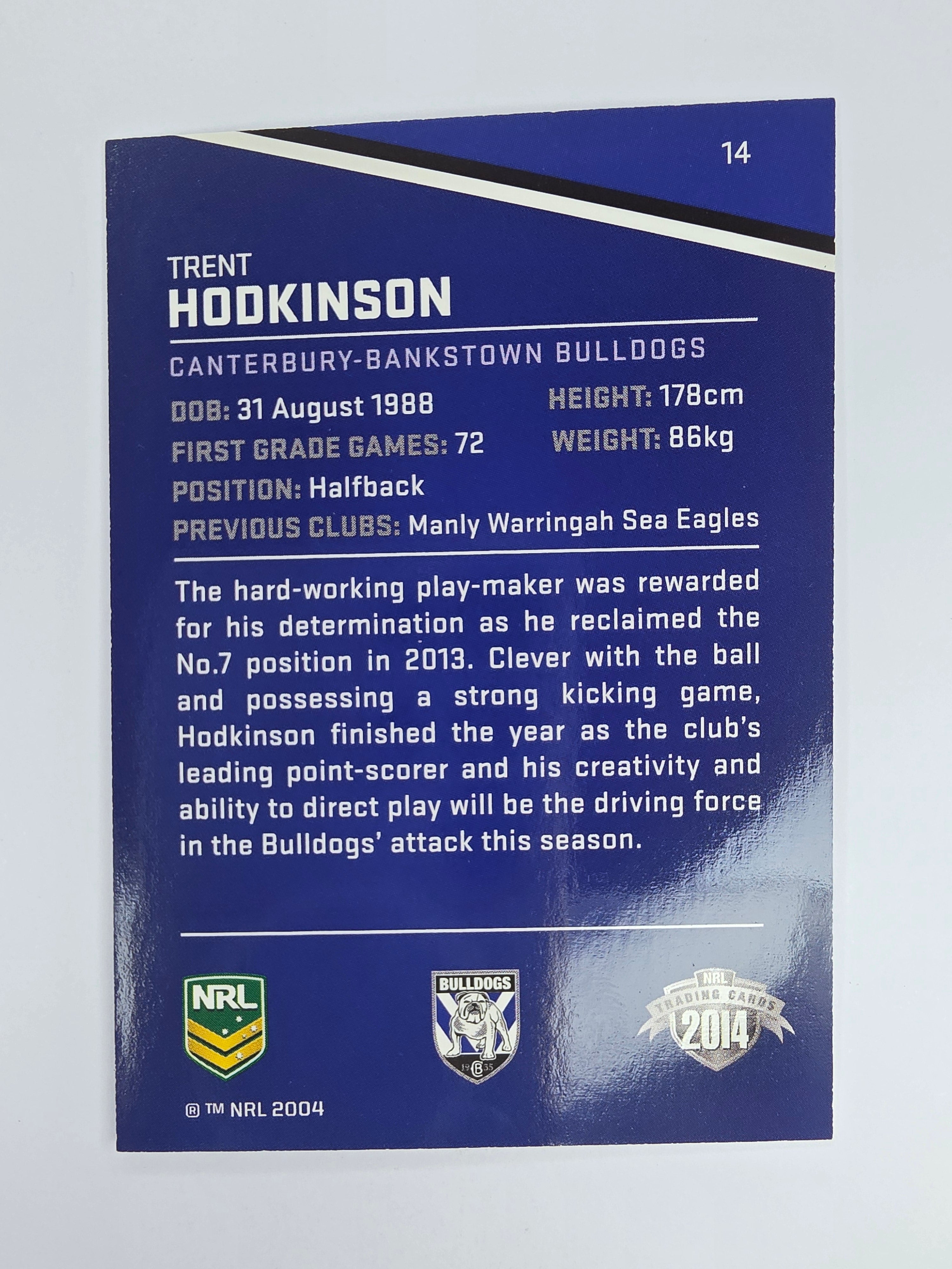 NRL 2014 Traders Base Card #14 Trent Hodkinson Canterbury Bankstown Bulldogs