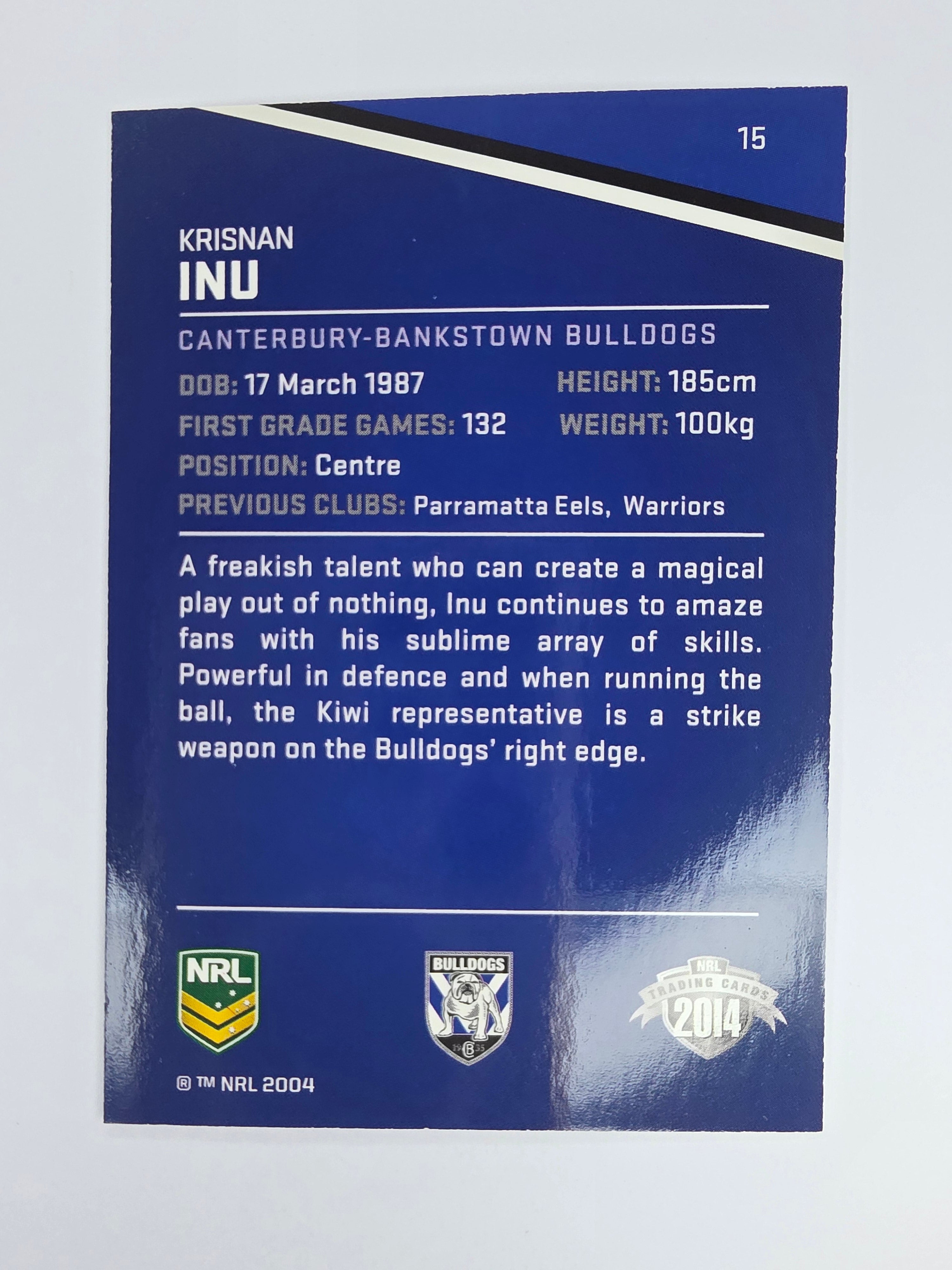 NRL 2014 Traders Base Card #15 Krisnan Inu Canterbury Bankstown Bulldogs