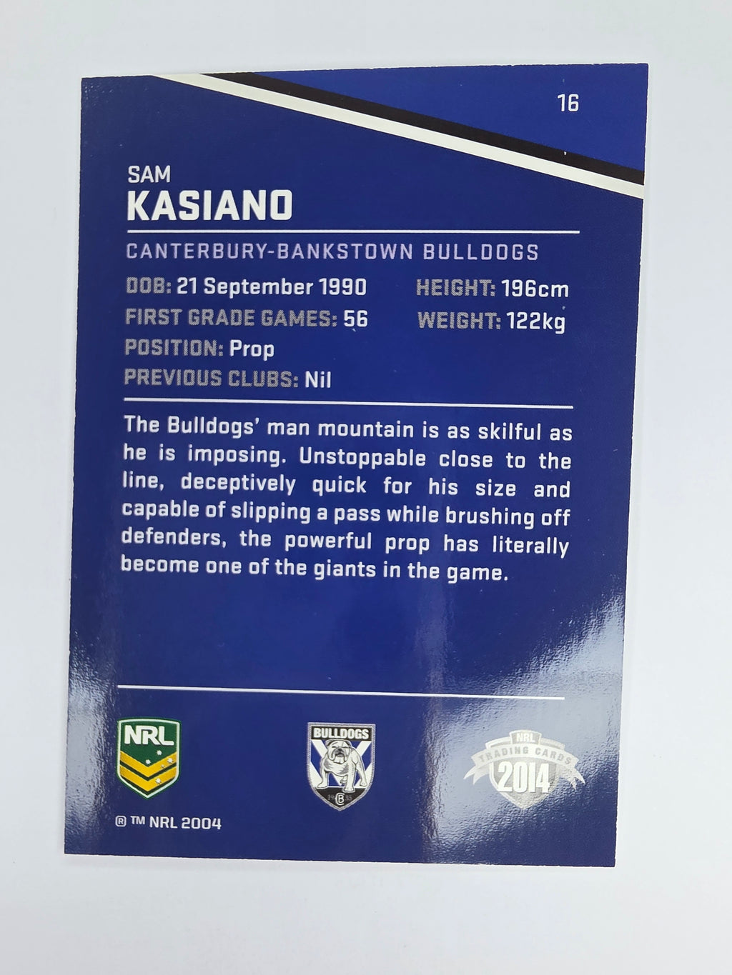 NRL 2014 Traders Base Card #16 Sam Kasiano Canterbury Bankstown Bulldogs