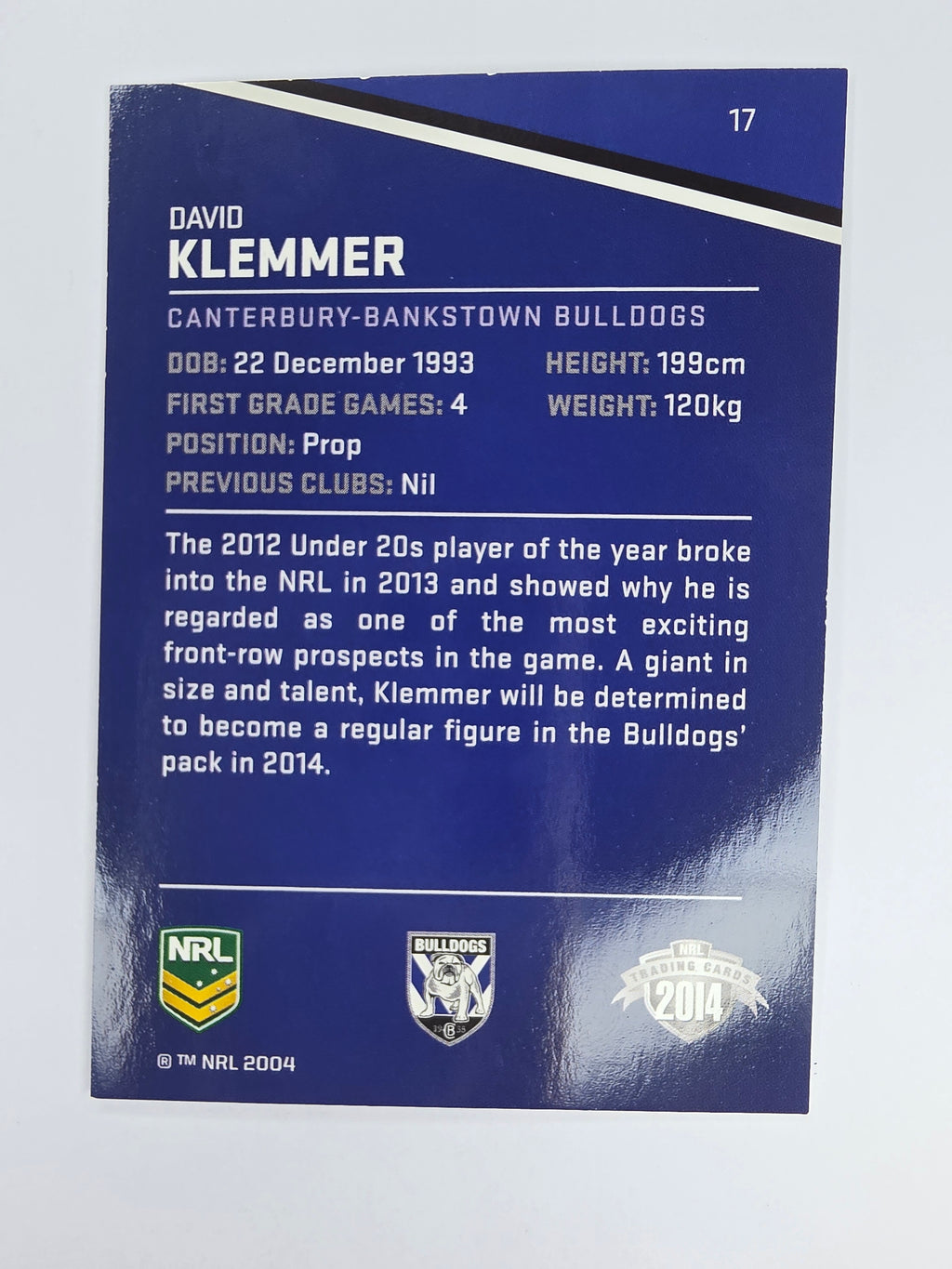 NRL 2014 Traders Base Card #17 David Klemmer Canterbury Bankstown Bulldogs