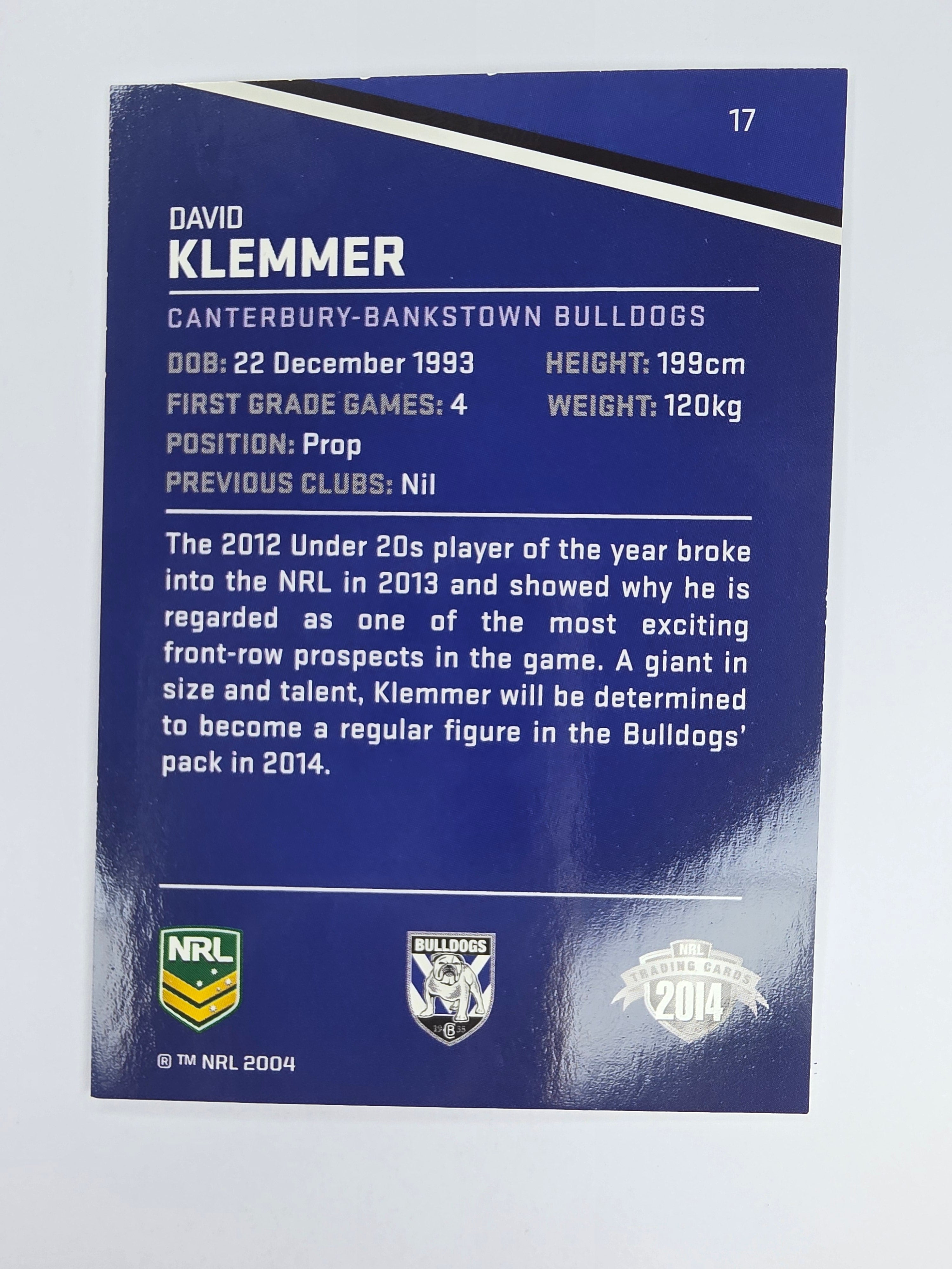 NRL 2014 Traders Base Card #17 David Klemmer Canterbury Bankstown Bulldogs