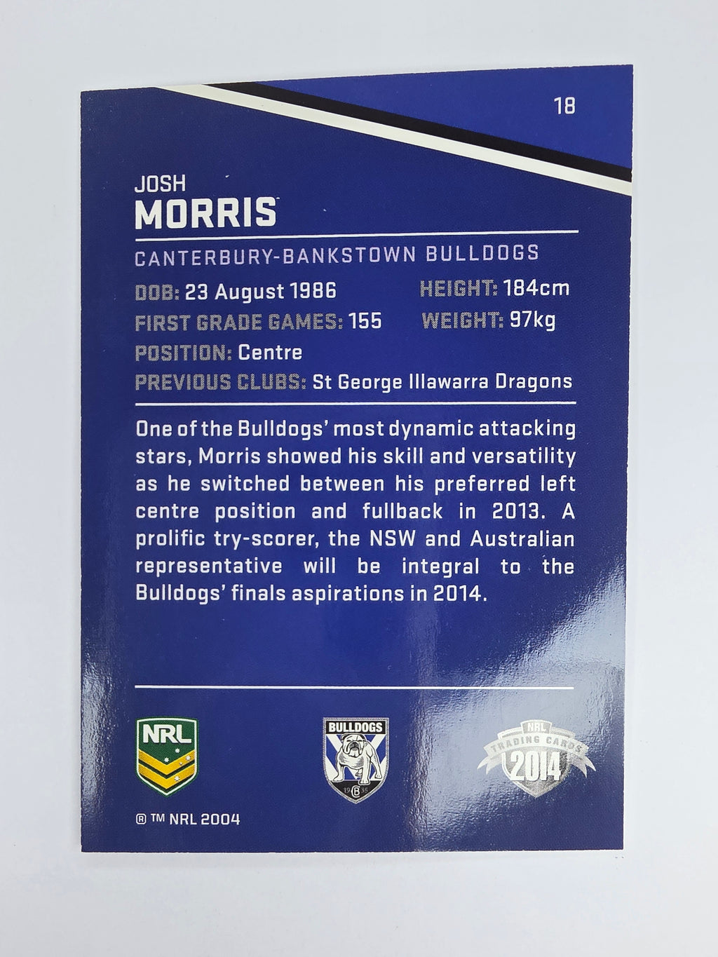 NRL 2014 Traders Base Card #18 Josh Morris Canterbury Bankstown Bulldogs