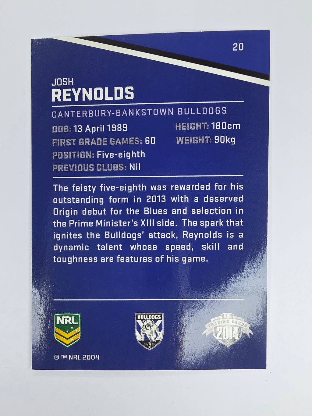 NRL 2014 Traders Base Card #20 Josh Reynolds Canterbury Bankstown Bulldogs