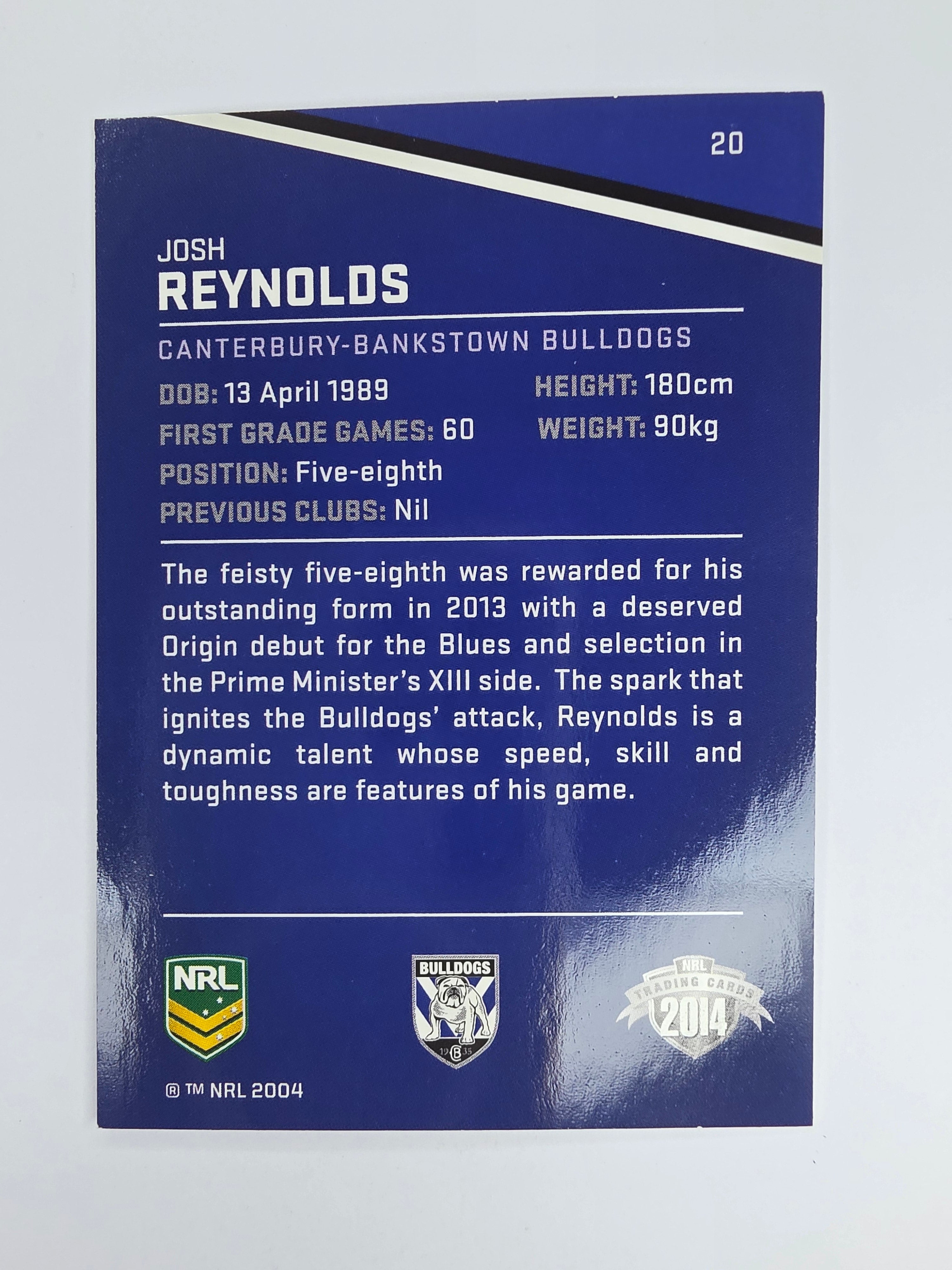NRL 2014 Traders Base Card #20 Josh Reynolds Canterbury Bankstown Bulldogs