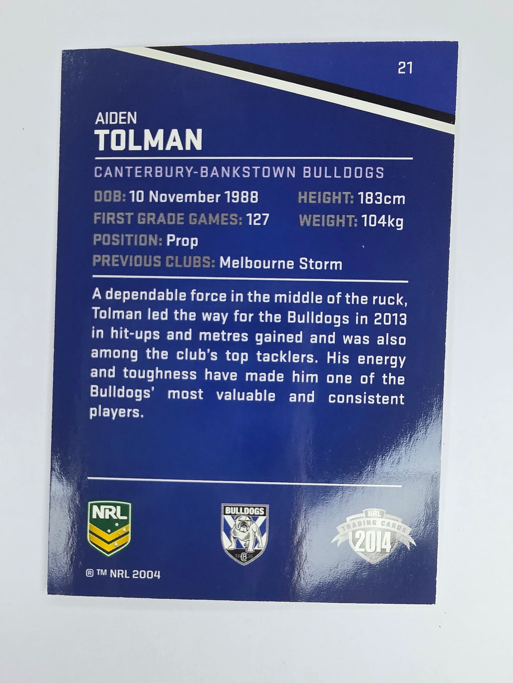 NRL 2014 Traders Base Card #21 Aiden Tolman Canterbury Bankstown Bulldogs
