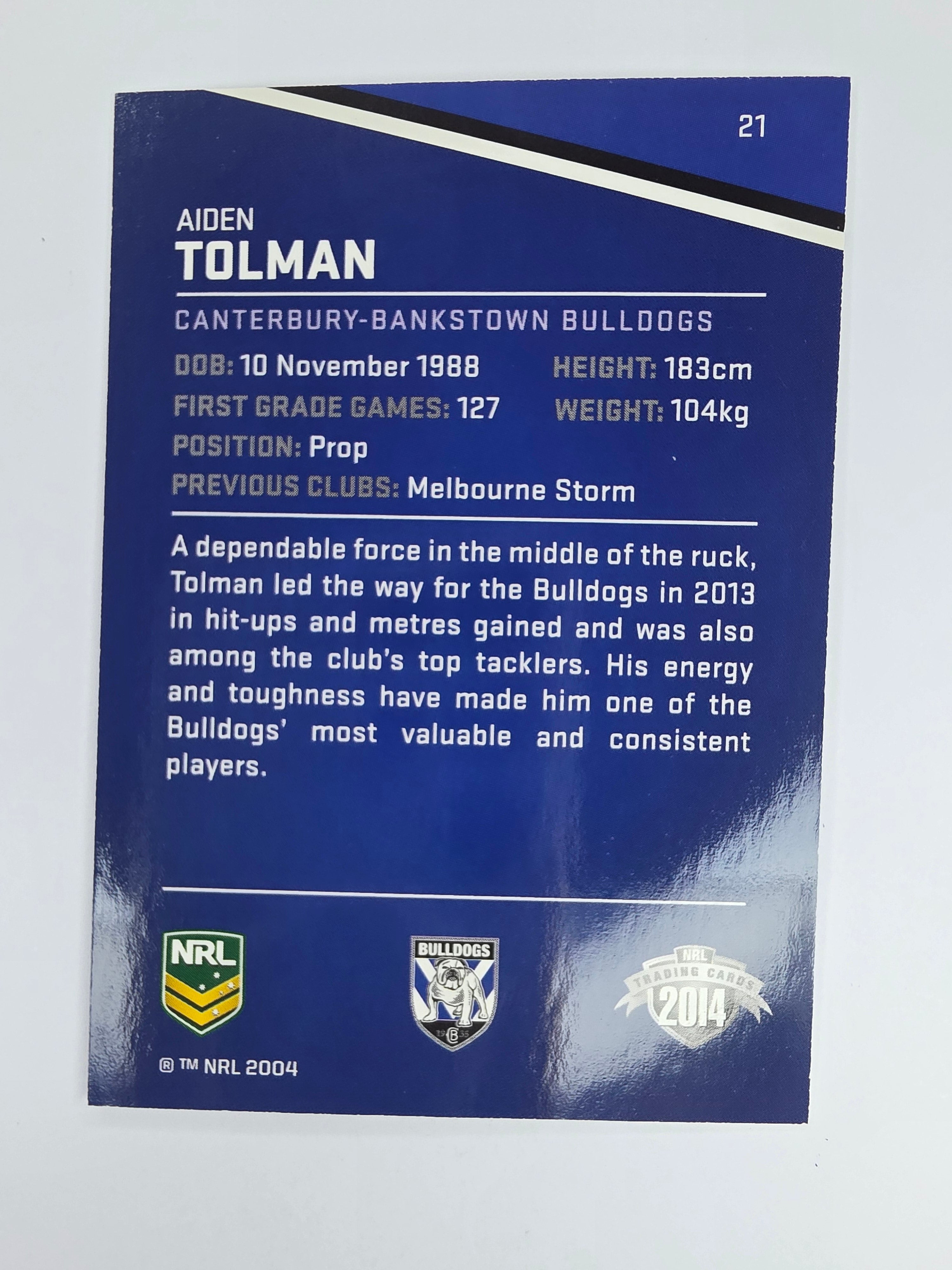 NRL 2014 Traders Base Card #21 Aiden Tolman Canterbury Bankstown Bulldogs