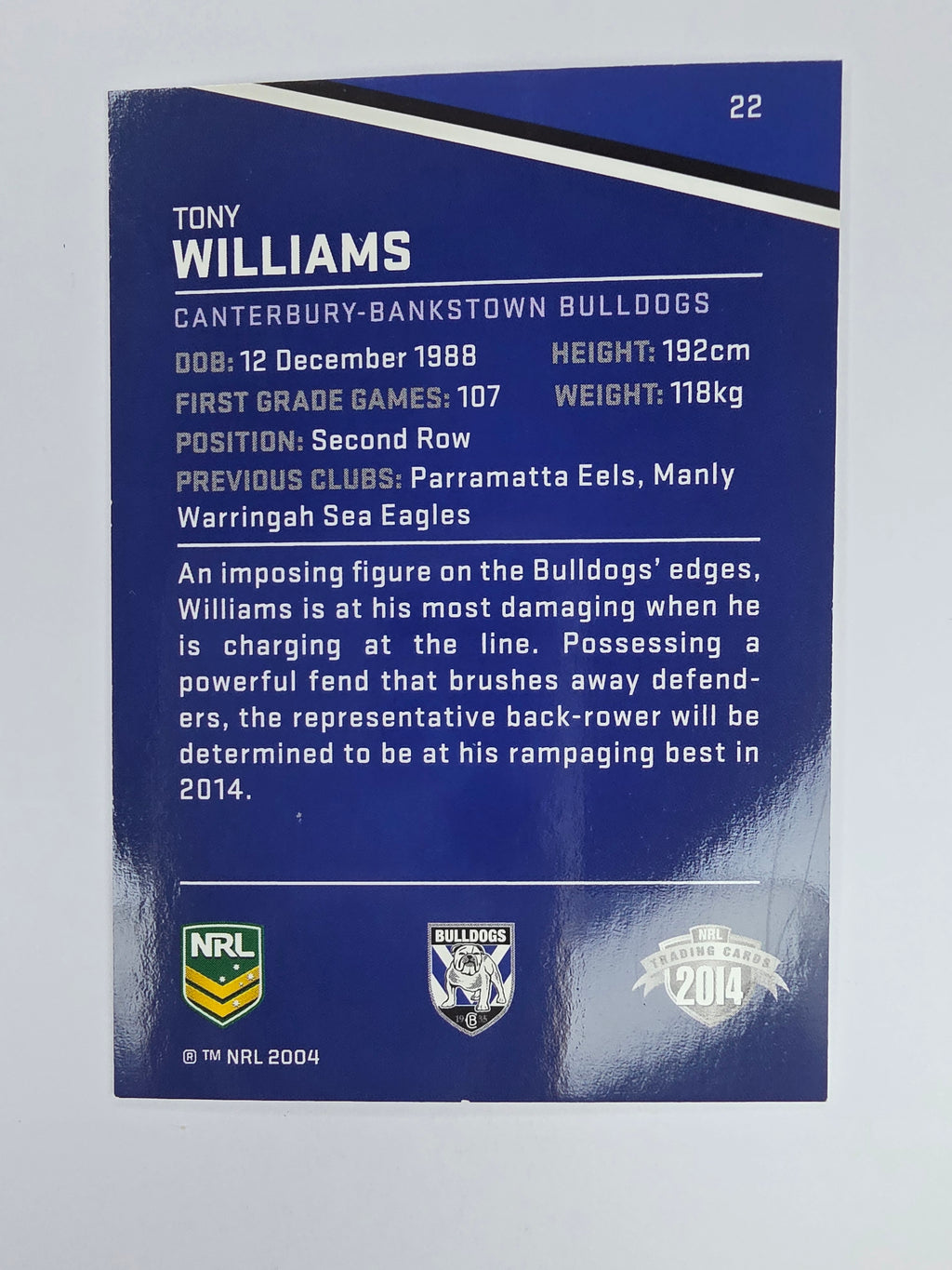 NRL 2014 Traders Base Card #22 Tony Williams Canterbury Bankstown Bulldogs