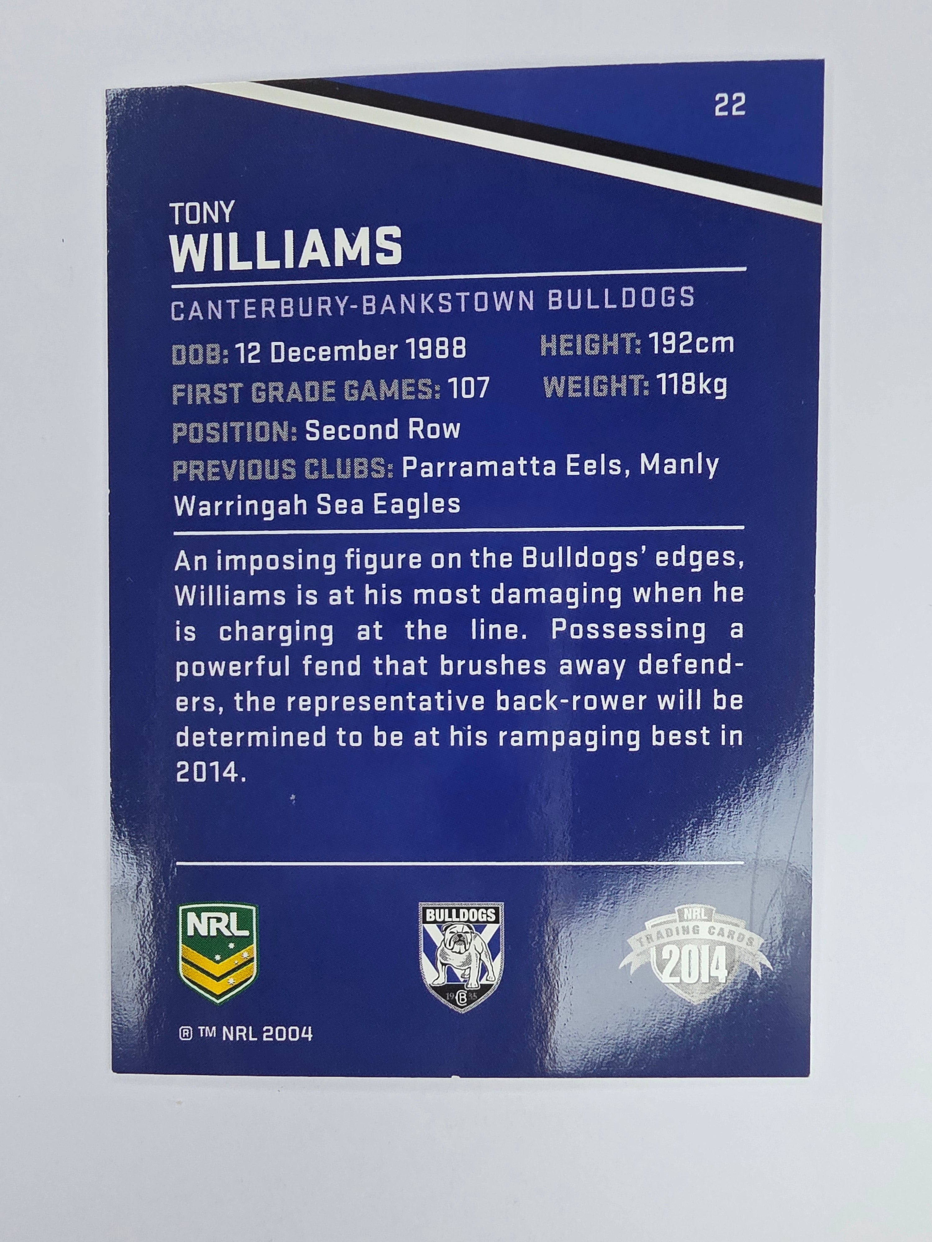 NRL 2014 Traders Base Card #22 Tony Williams Canterbury Bankstown Bulldogs