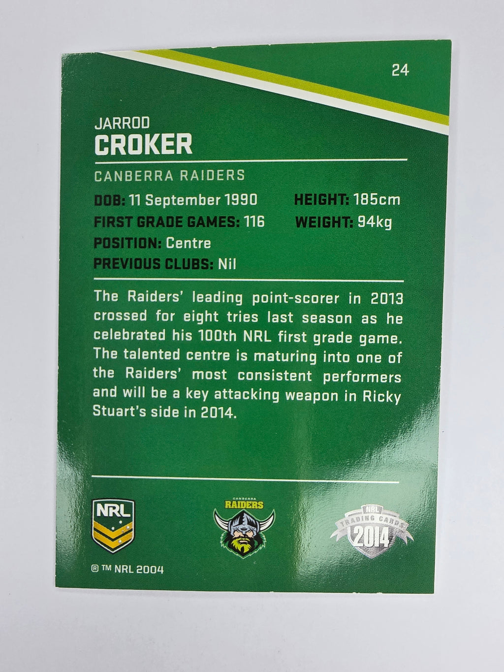 NRL 2014 Traders Base Card #24 Jarrod Croker Canberra Raiders