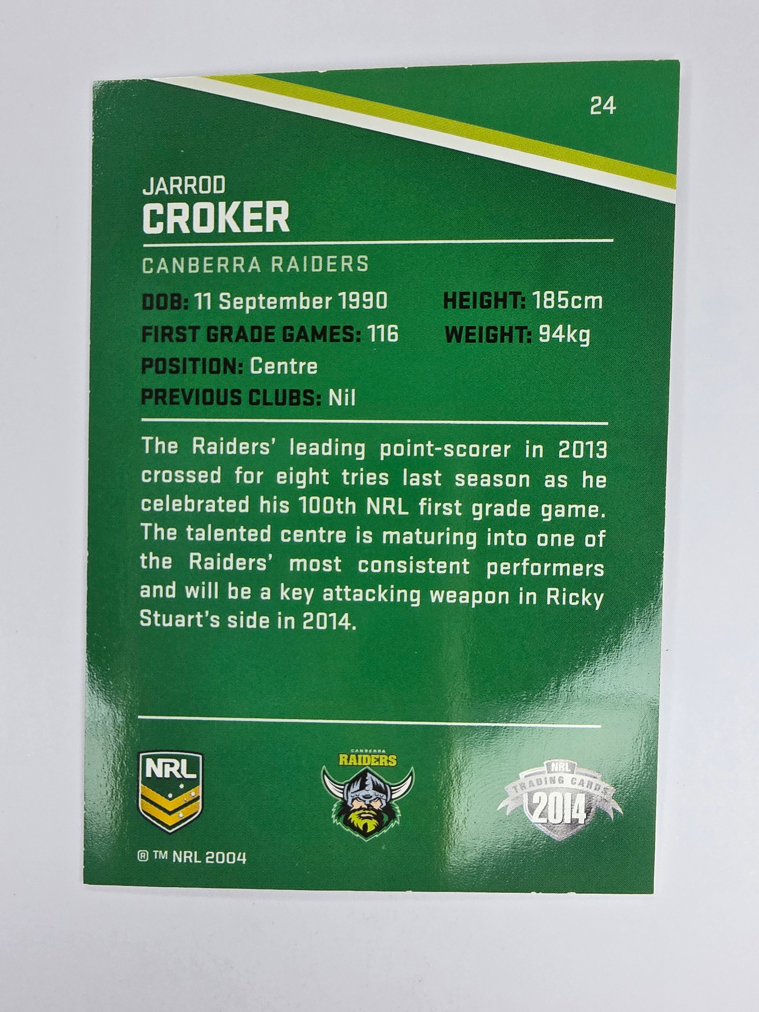 NRL 2014 Traders Base Card #24 Jarrod Croker Canberra Raiders