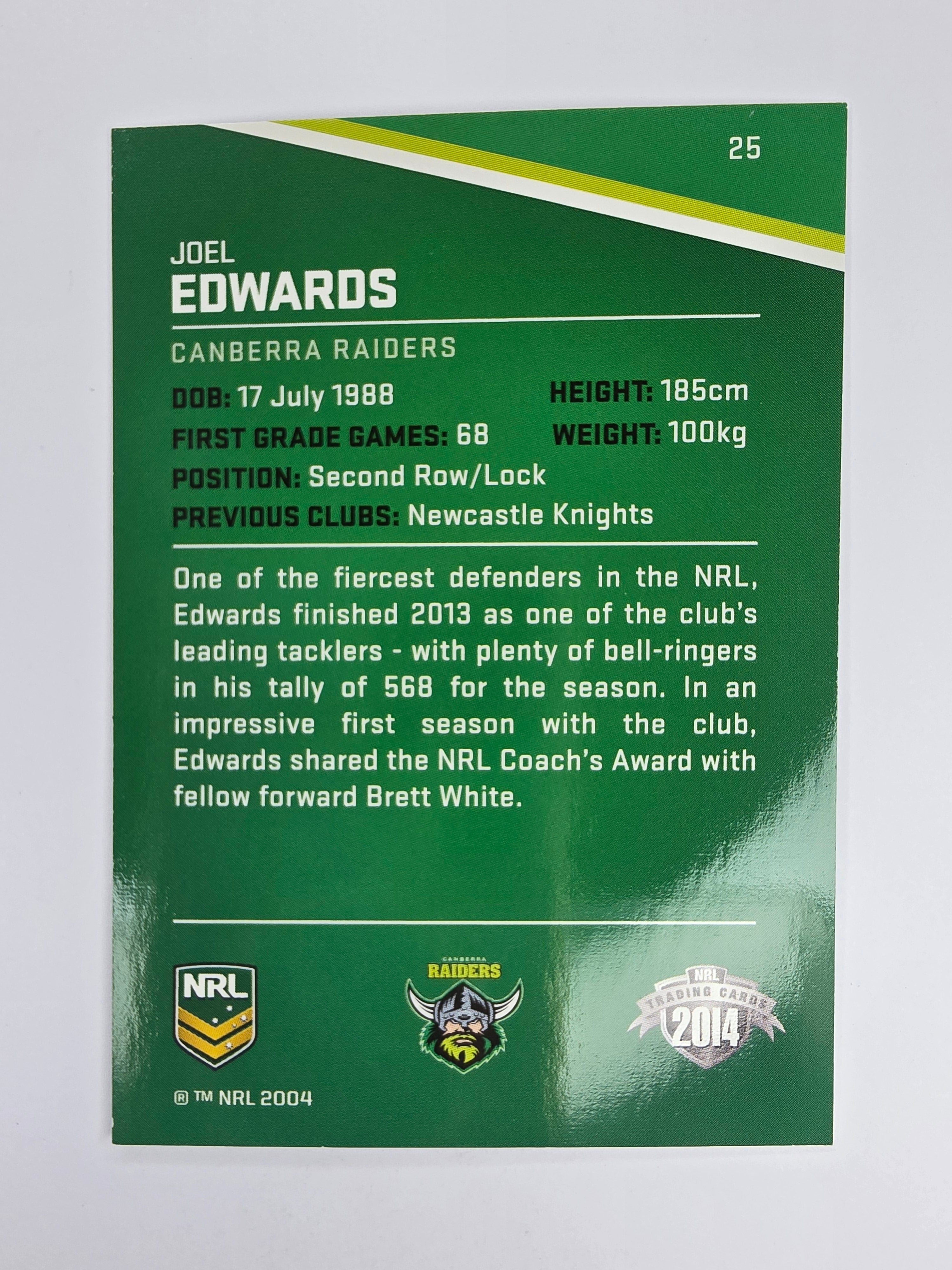 NRL 2014 Traders Base Card #25 Joel Edwards Canberra Raiders