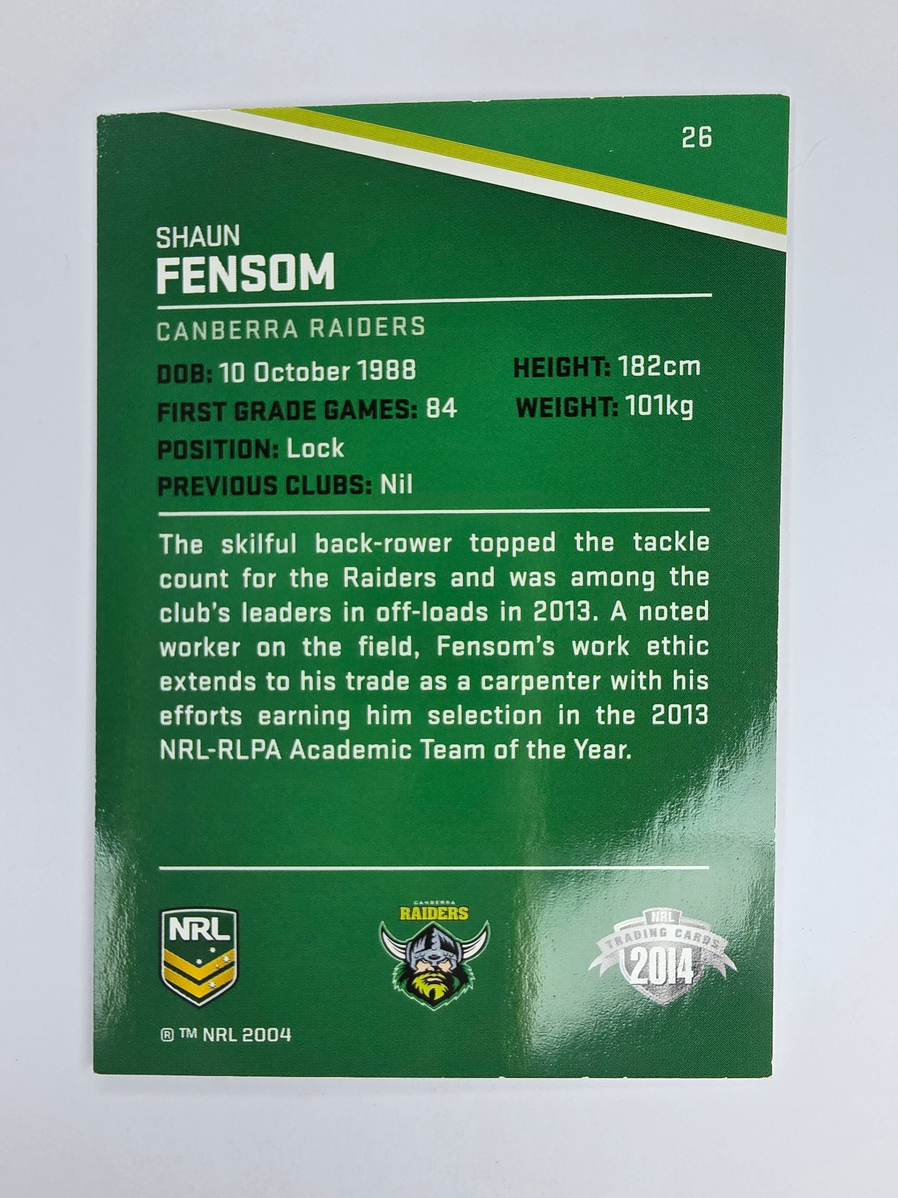 NRL 2014 Traders Base Card #26 Shaun Fensom Canberra Raiders
