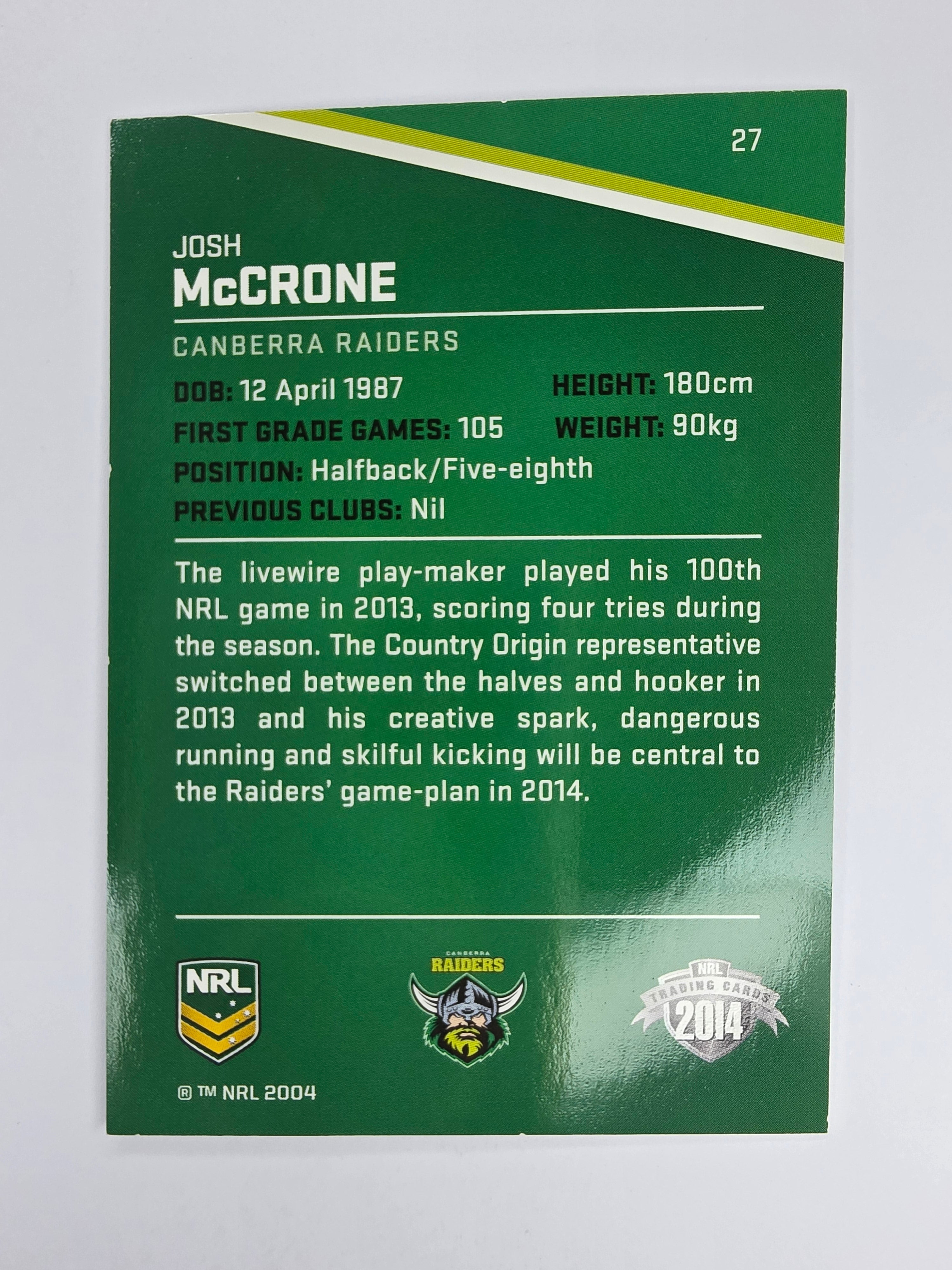 NRL 2014 Traders Base Card #27 Josh McCrone Canberra Raiders