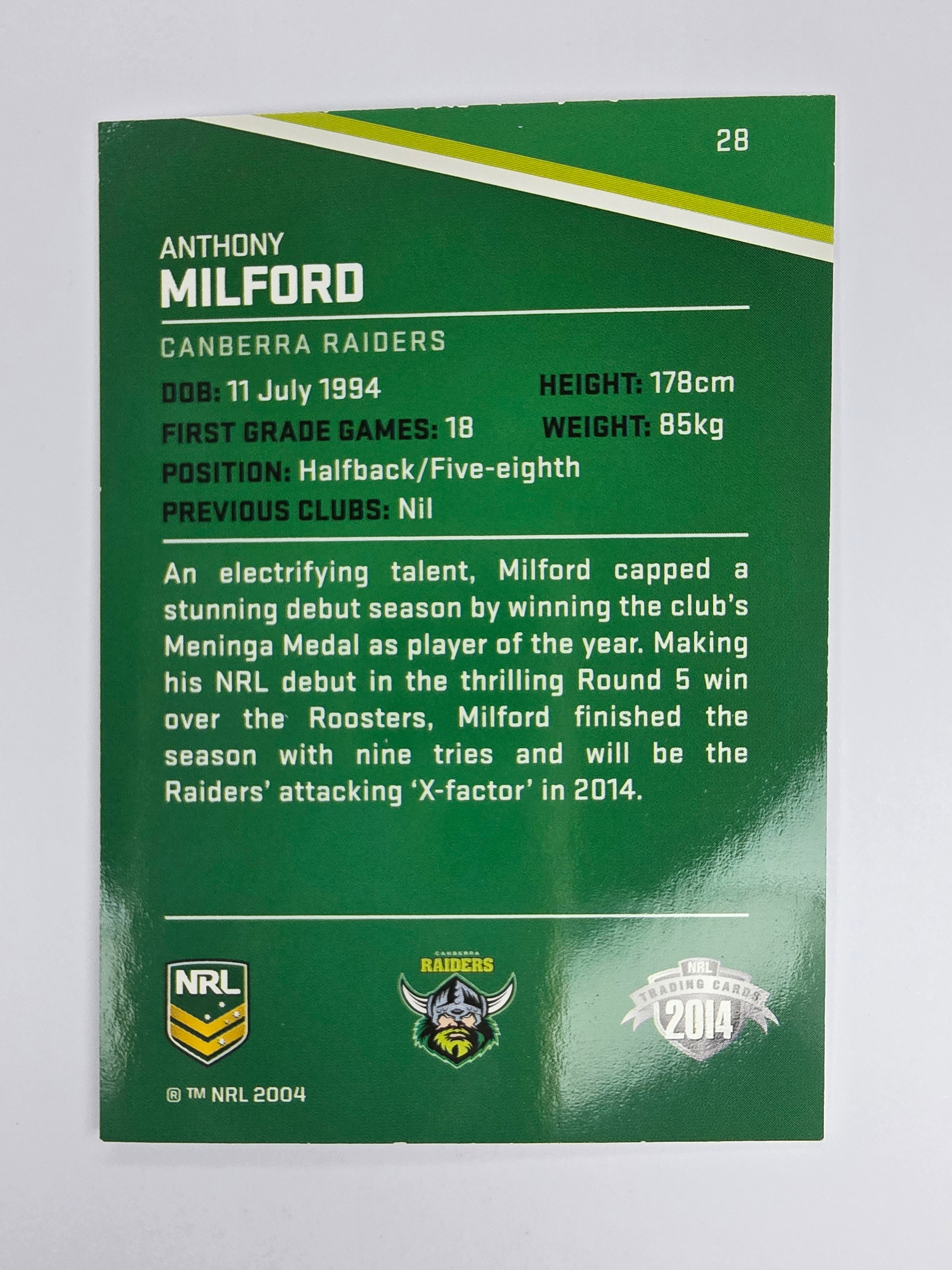 NRL 2014 Traders Base Card #28 Anthony Milford Canberra Raiders