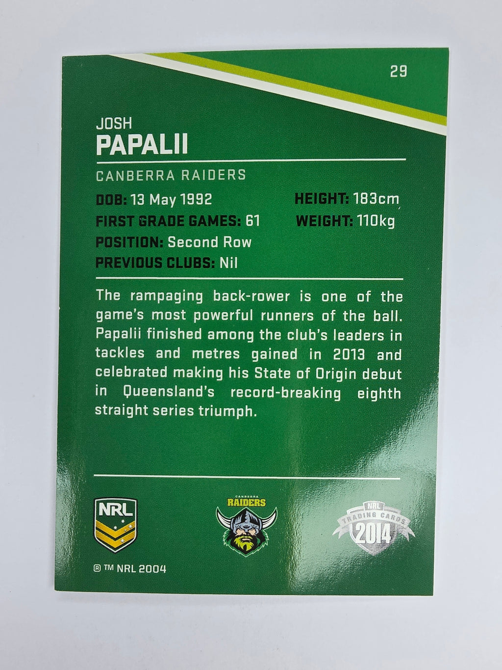 NRL 2014 Traders Base Card #29 Josh Papalii Canberra Raiders