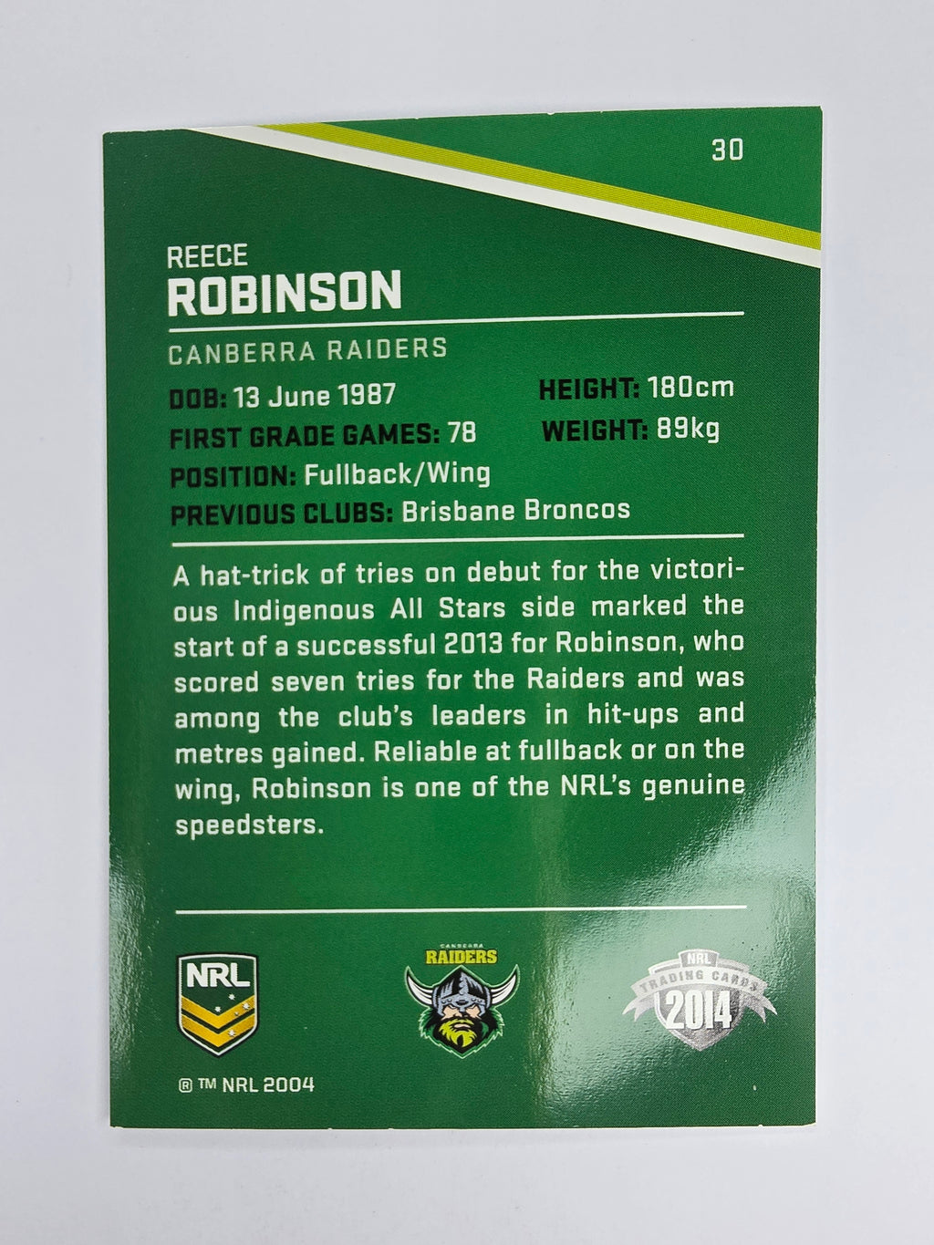 NRL 2014 Traders Base Card #30 Reece Robinson Canberra Raiders