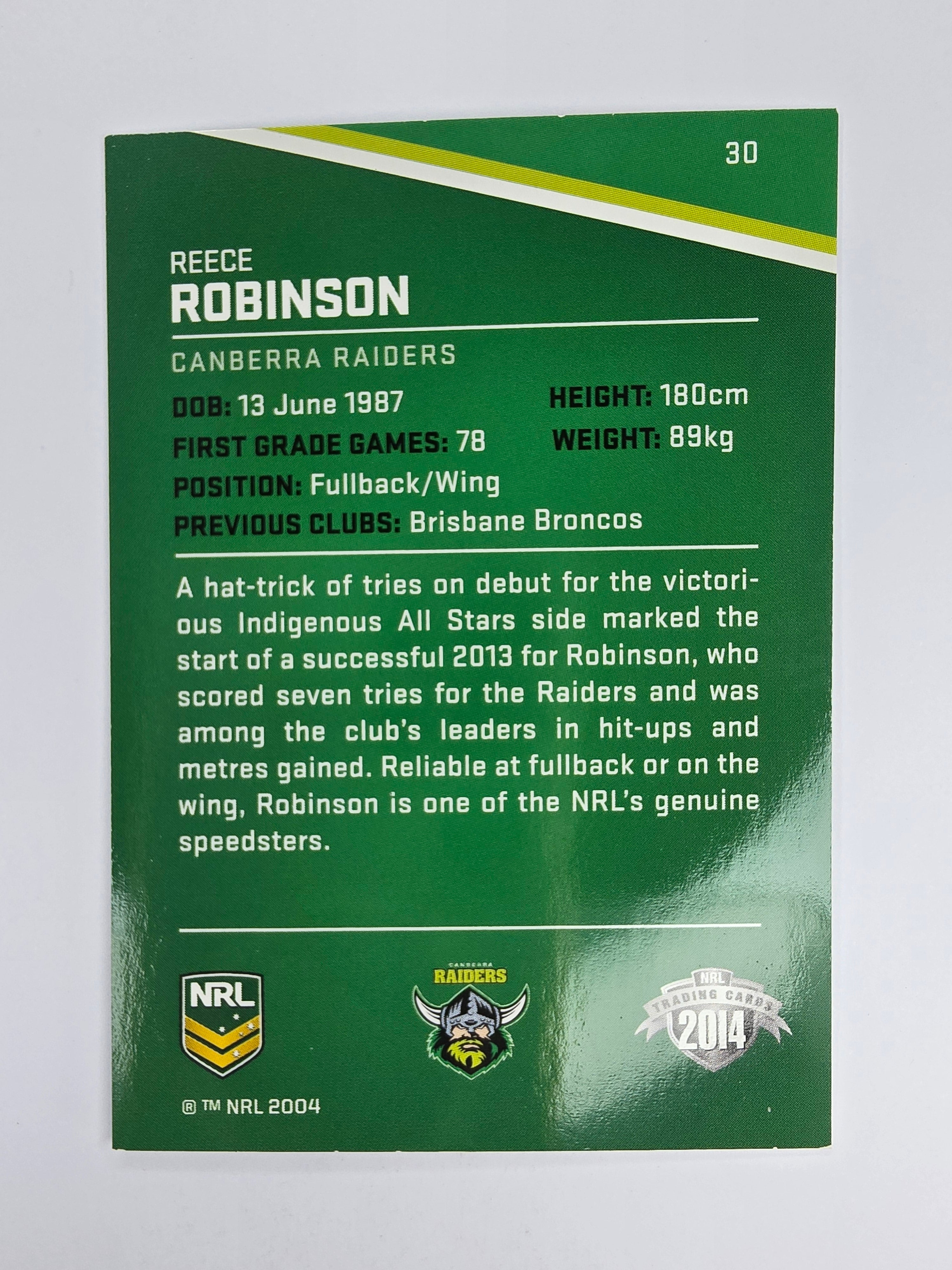 NRL 2014 Traders Base Card #30 Reece Robinson Canberra Raiders