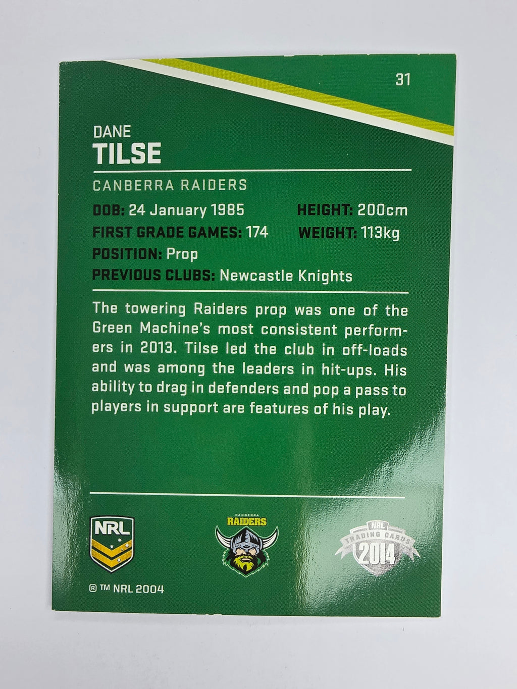 NRL 2014 Traders Base Card #31 Dane Tilse Canberra Raiders