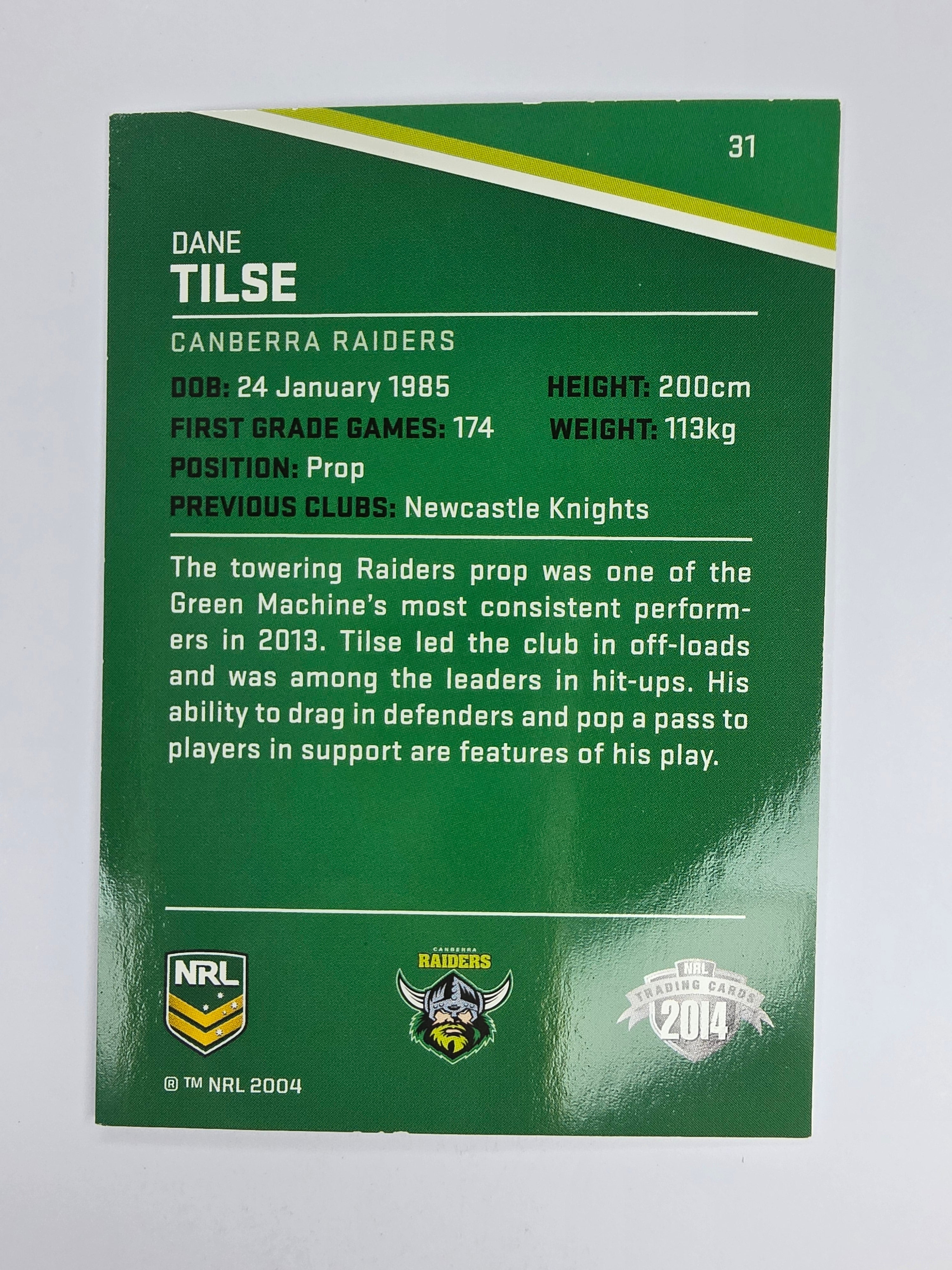 NRL 2014 Traders Base Card #31 Dane Tilse Canberra Raiders