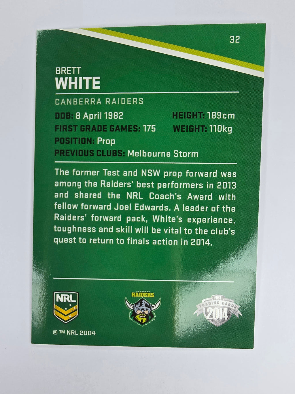 NRL 2014 Traders Base Card #32 Brett White Canberra Raiders