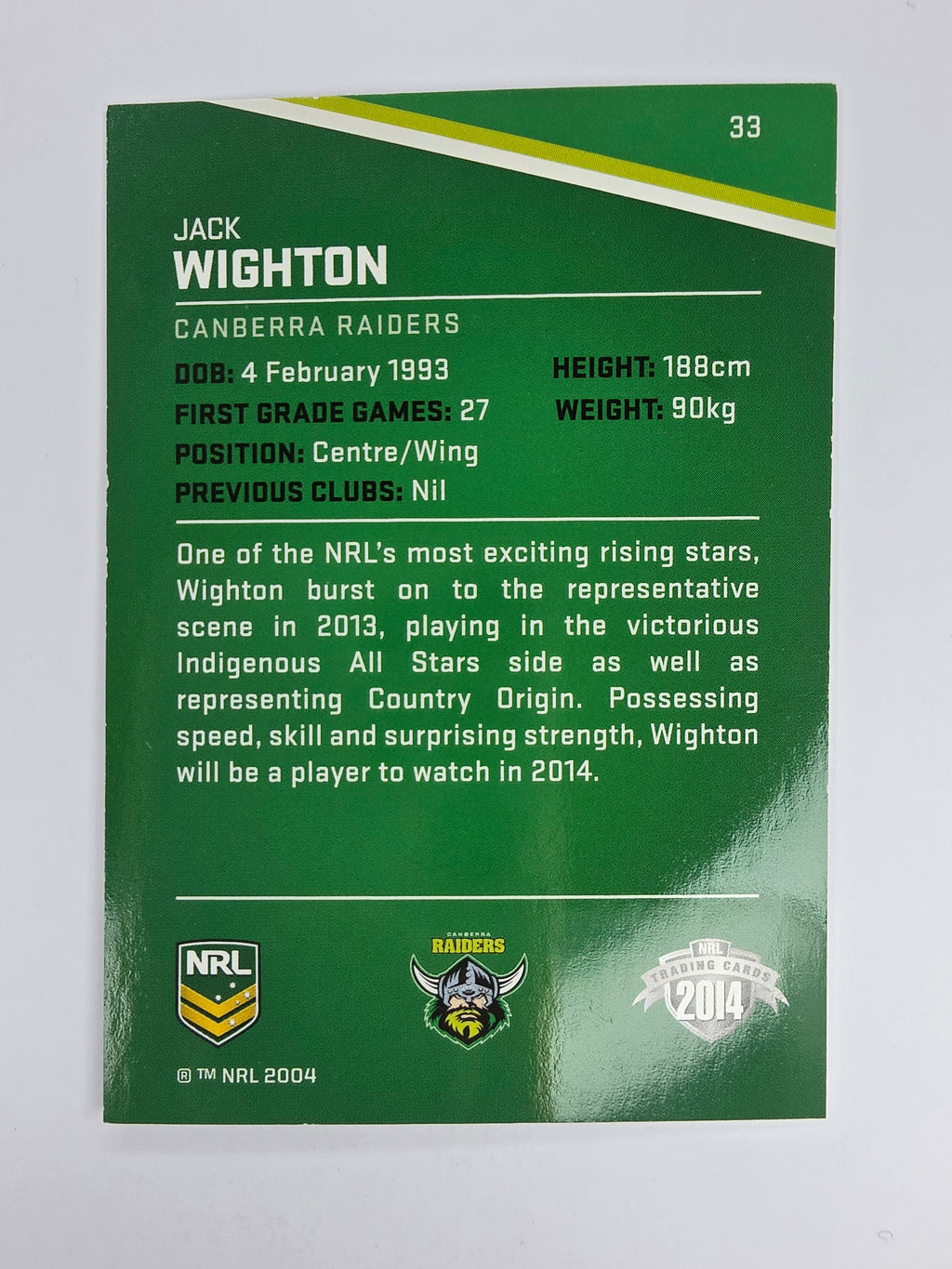 NRL 2014 Traders Base Card #33 Jack Wighton Canberra Raiders