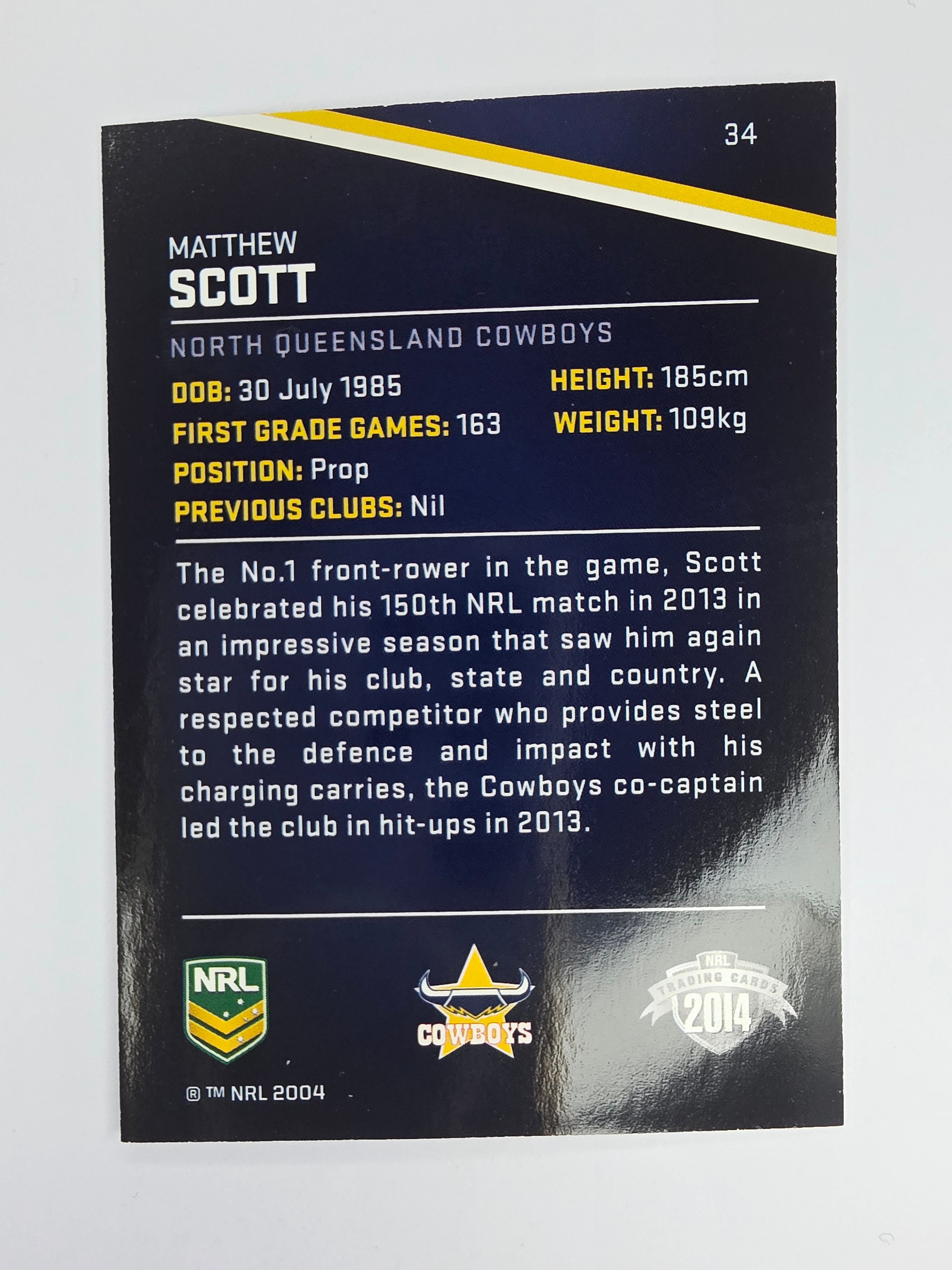 NRL 2014 Traders Base Card #34 Matthew Scott North Queensland Cowboys