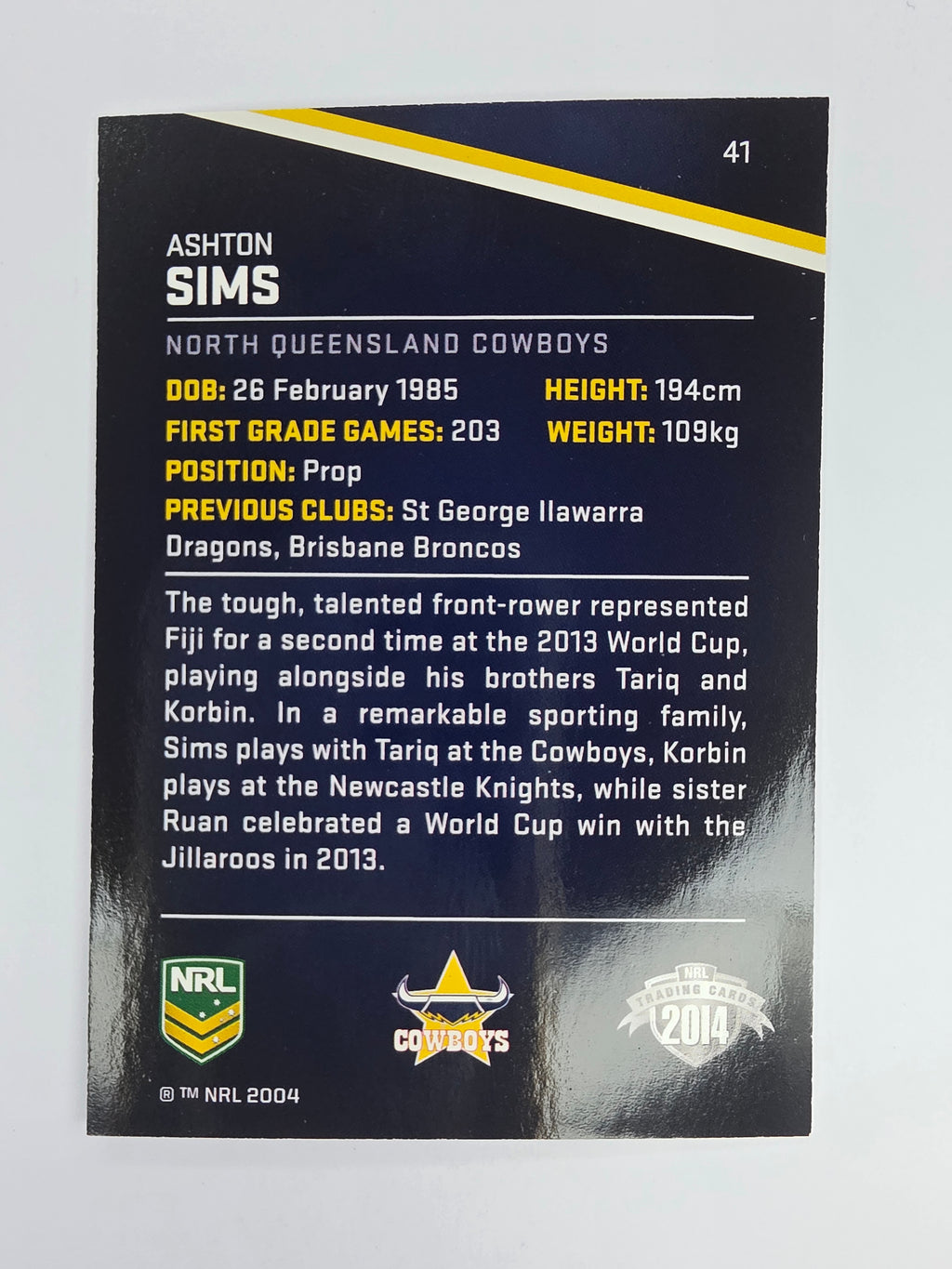 NRL 2014 Traders Base Card #41 Ashton Sims North Queensland Cowboys