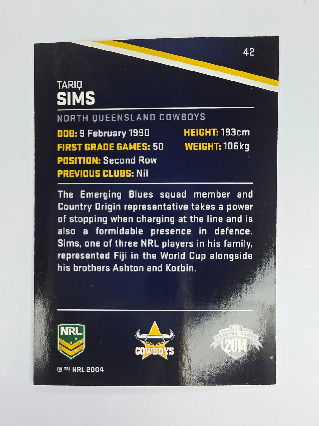 NRL 2014 Traders Base Card #42 Tariq Sims North Queensland Cowboys