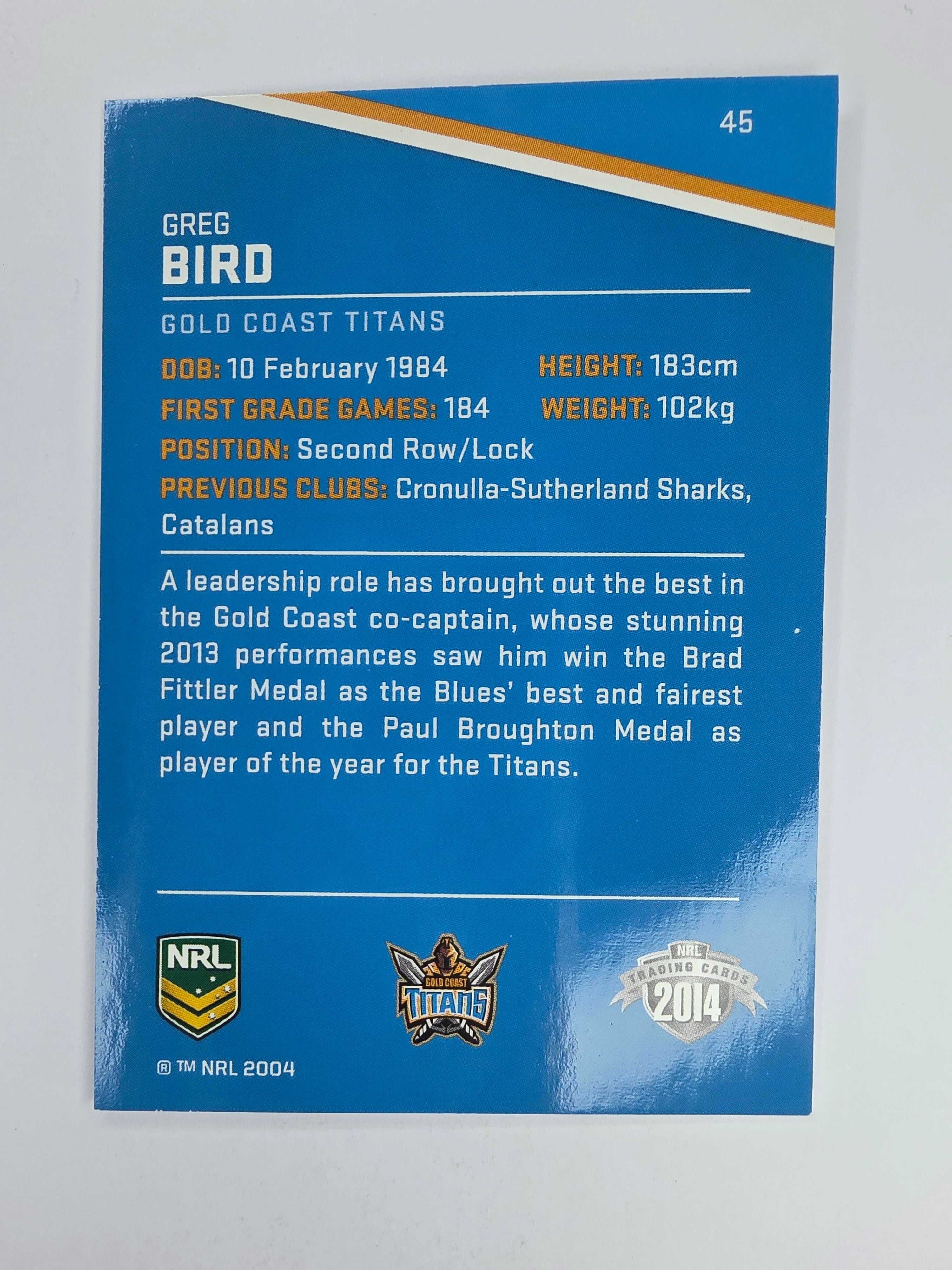 NRL 2014 Traders Base Card #45 Greg Bird Gold Coast Titans